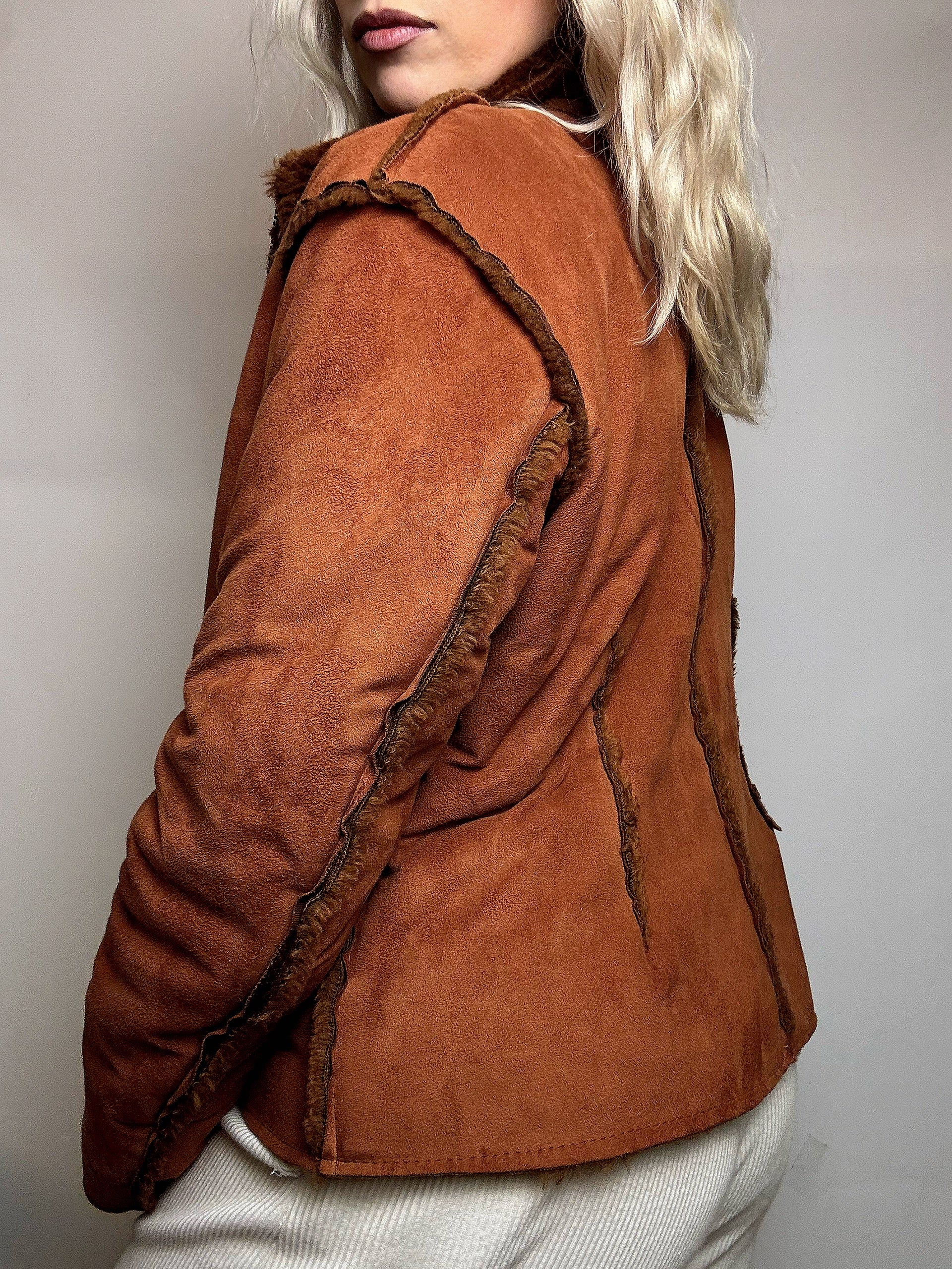 Vintage beige Kunstfell taillierte Jacke M/L
