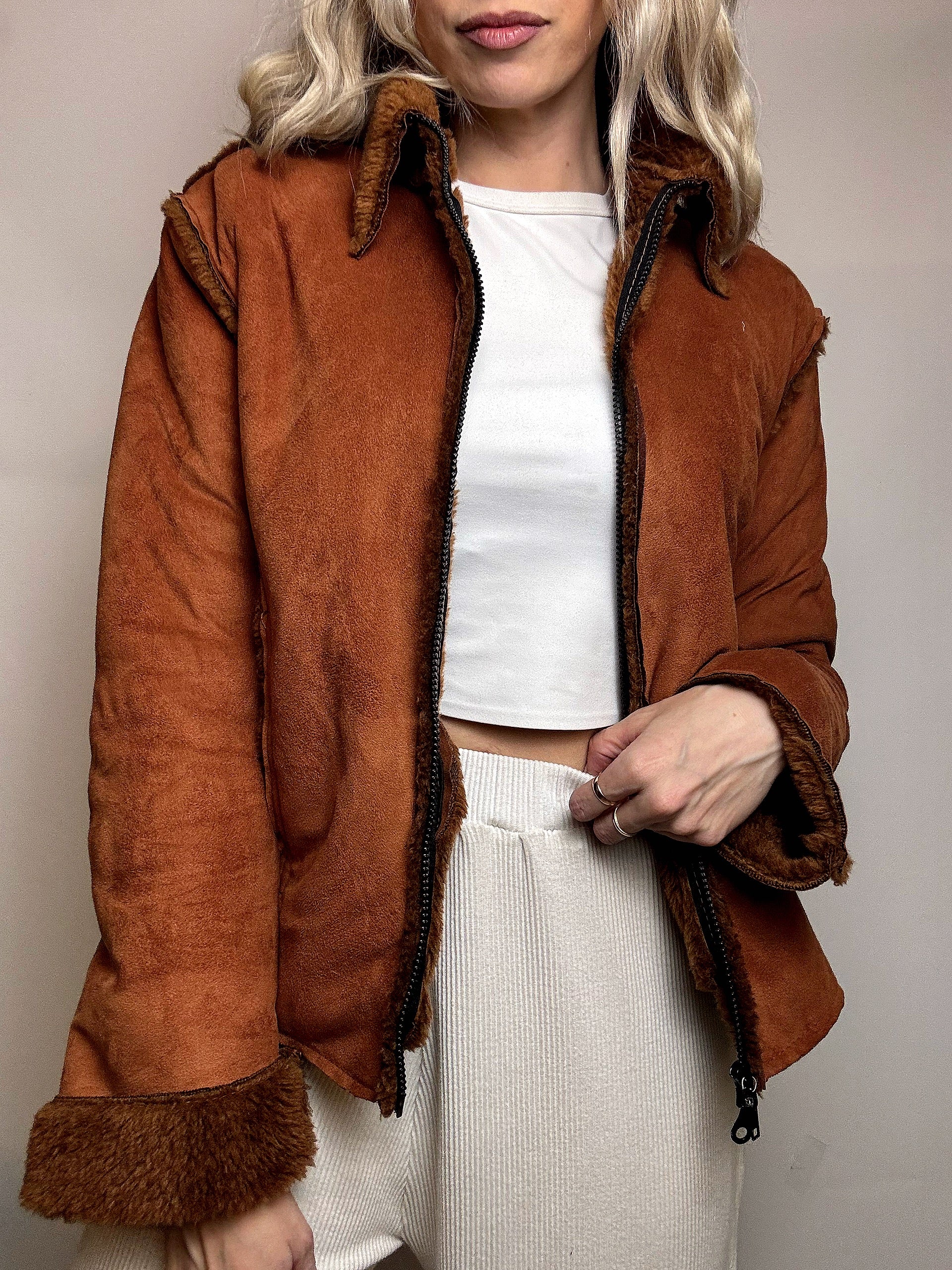 Vintage beige Kunstfell taillierte Jacke M/L