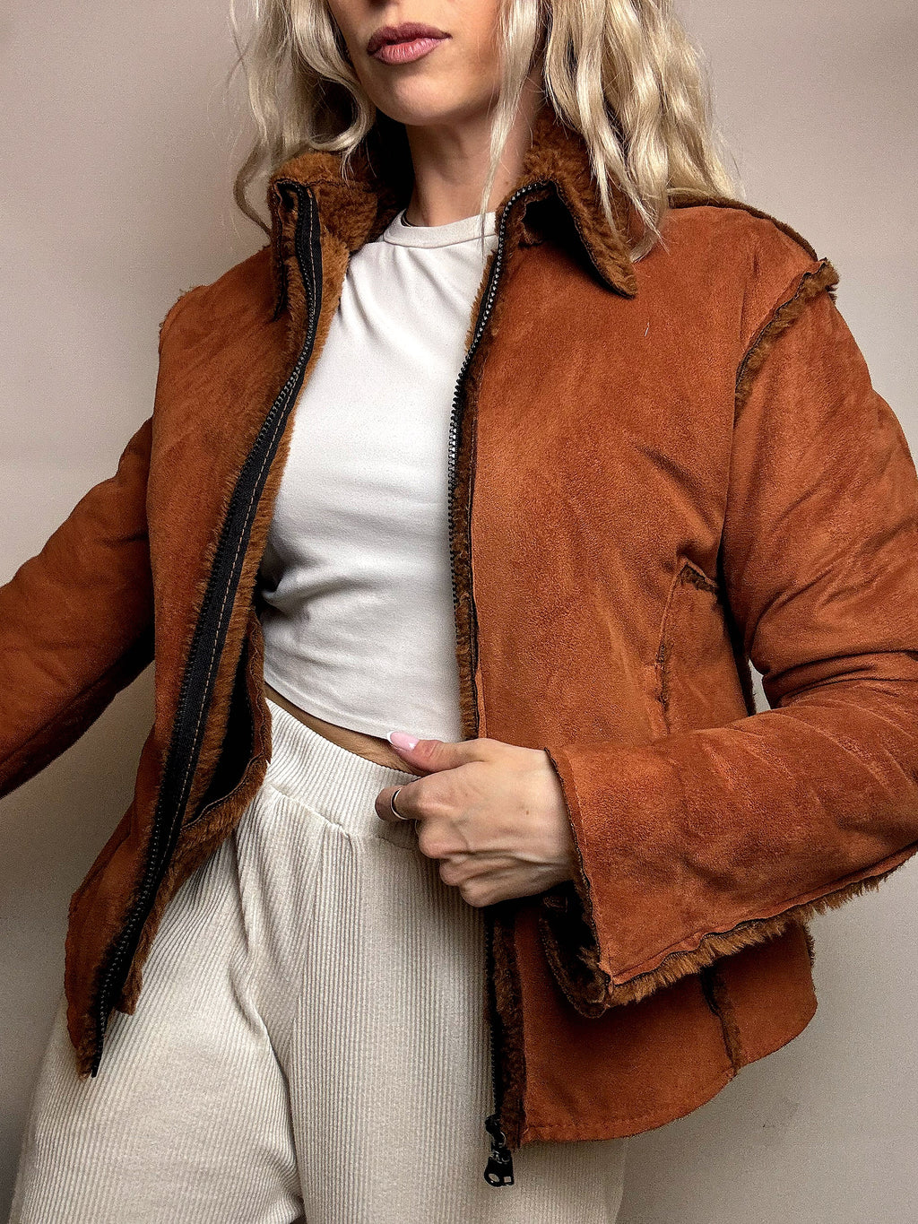 Vintage beige Kunstfell taillierte Jacke M/L