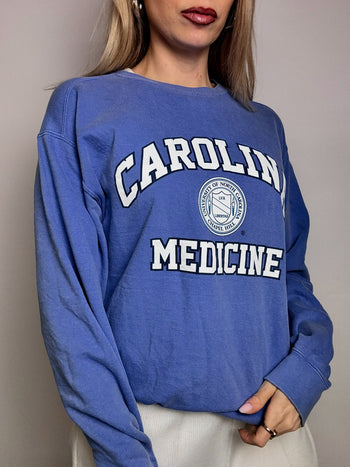 Sweat col rond bleu ciel CAROLINA MEDICINE M vintage