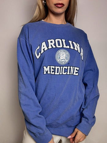 Sweat col rond bleu ciel CAROLINA MEDICINE M vintage