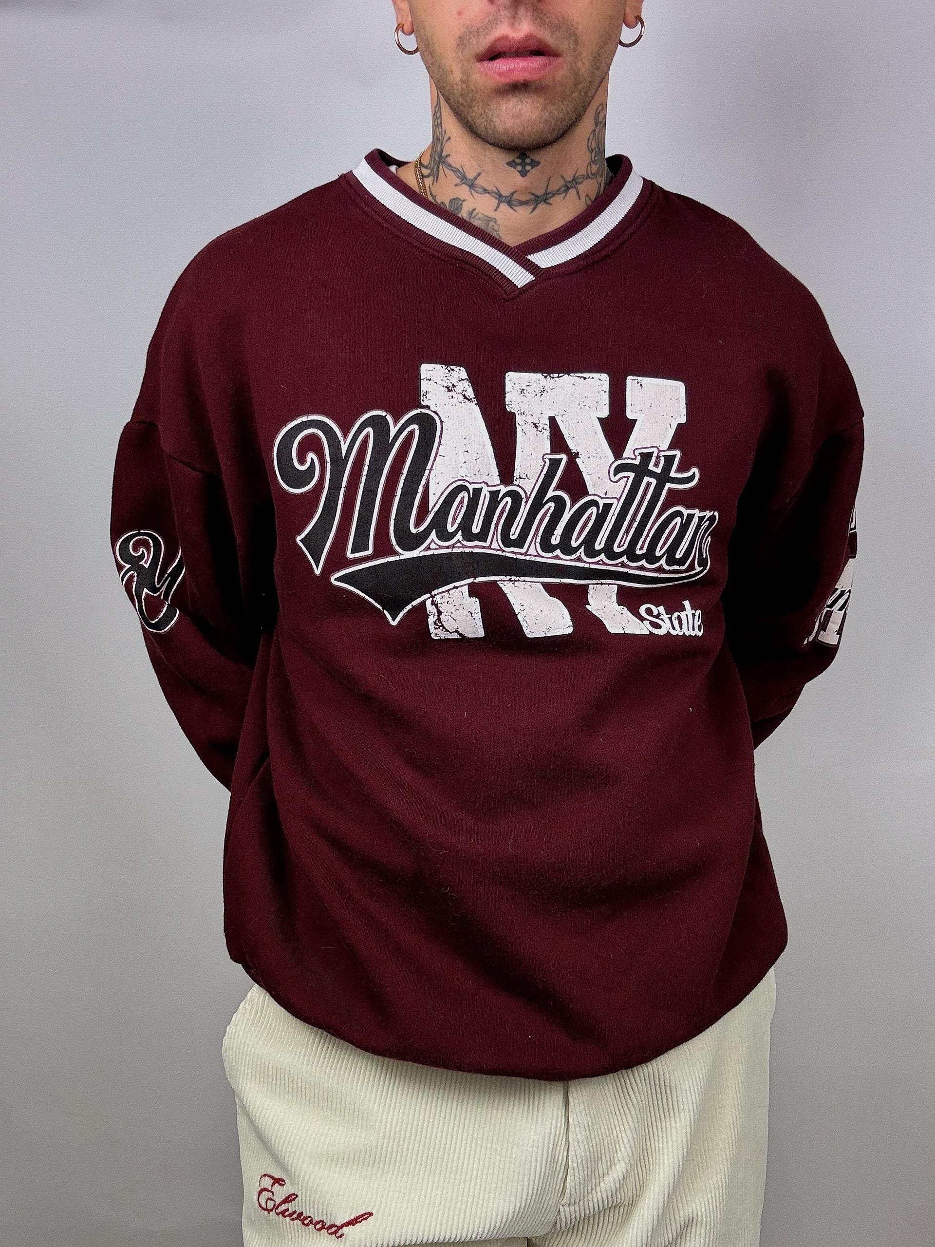 Manhattan L/XL Vintage Burgunder Sweatshirt mit V-Ausschnitt