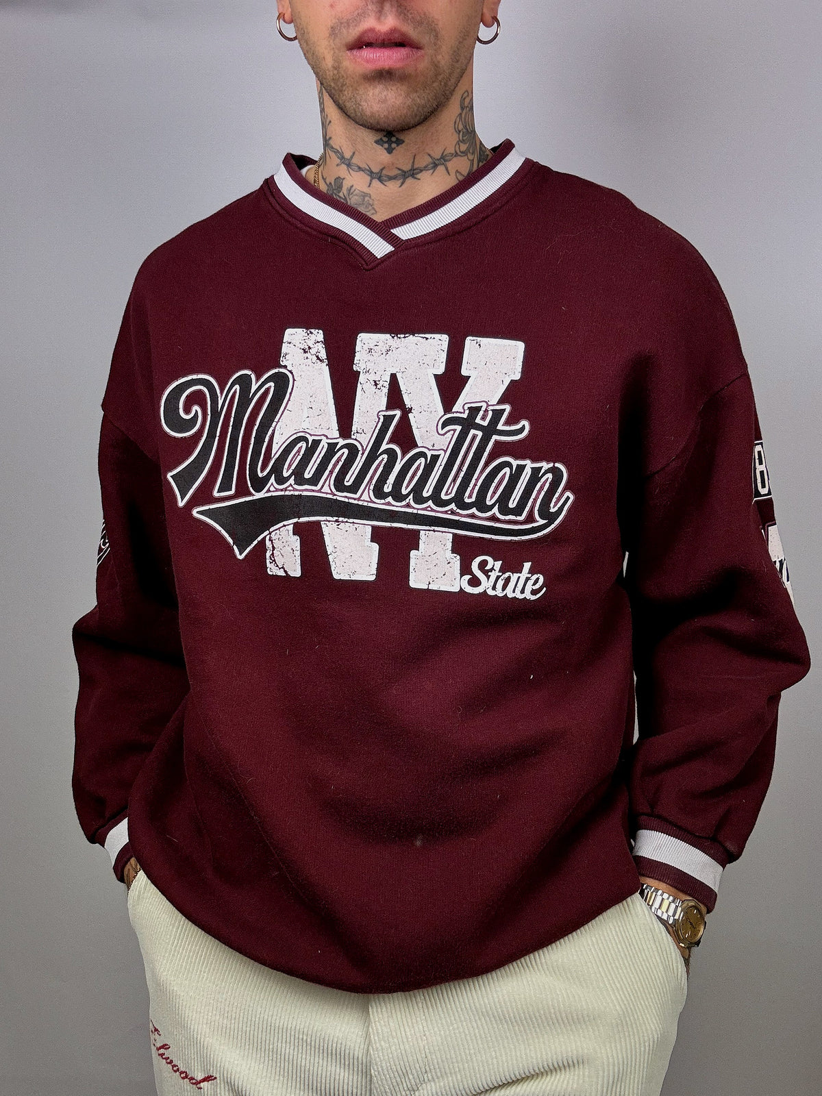 Manhattan L/XL Vintage Burgunder Sweatshirt mit V-Ausschnitt