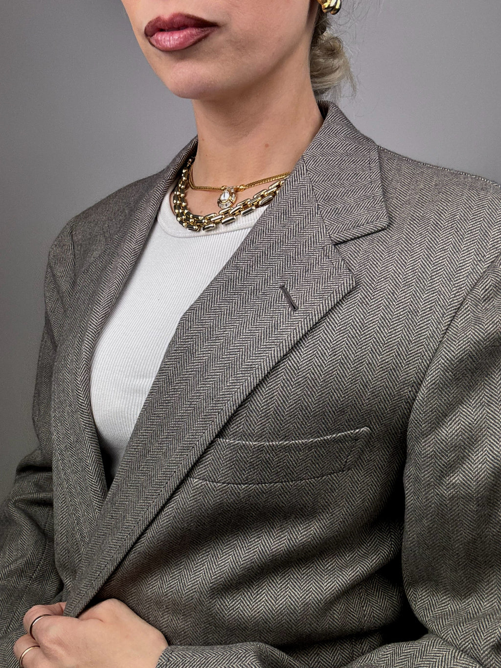 Vintage Grey Wool Herringbone Blazer M/L