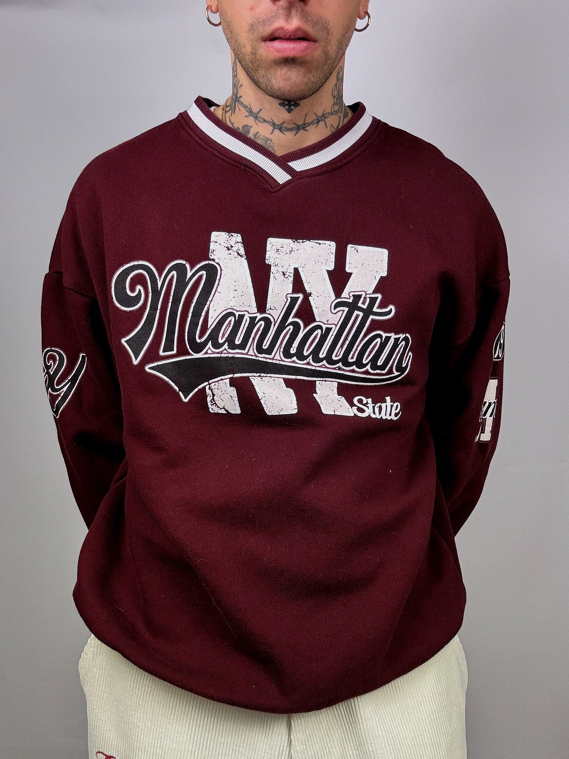 Manhattan L/XL Vintage Burgunder Sweatshirt mit V-Ausschnitt