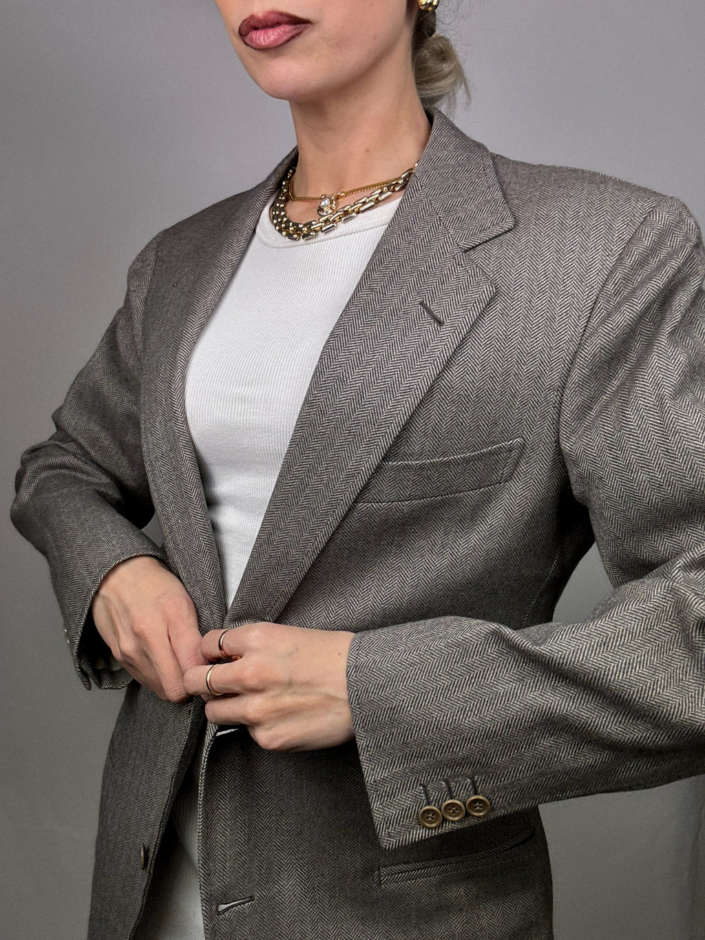 Vintage Grey Wool Herringbone Blazer M/L