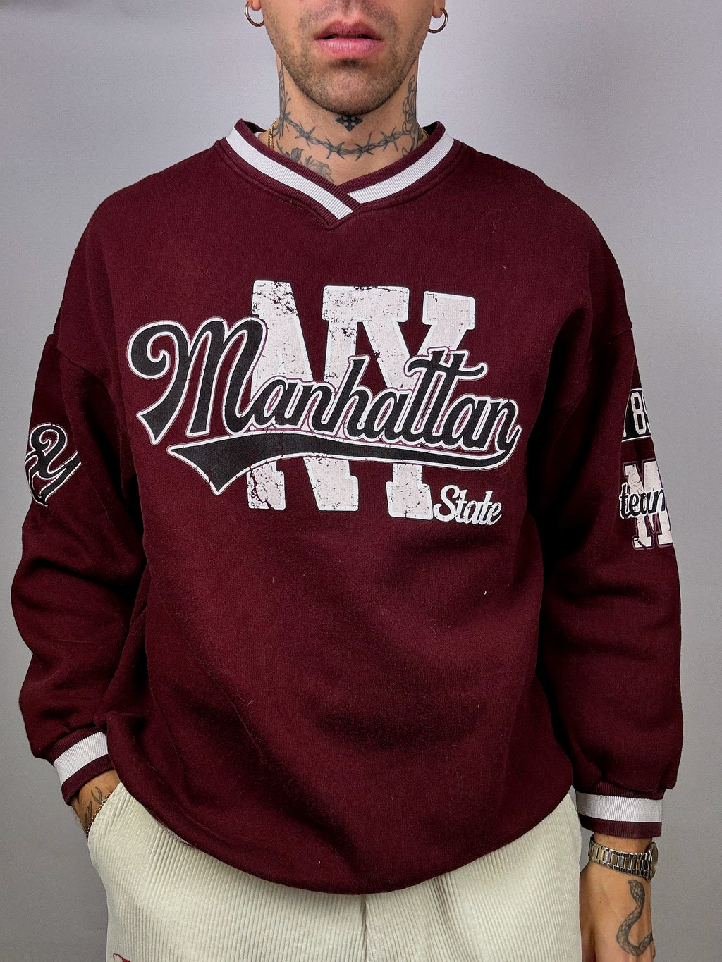 Manhattan L/XL Vintage Burgunder Sweatshirt mit V-Ausschnitt