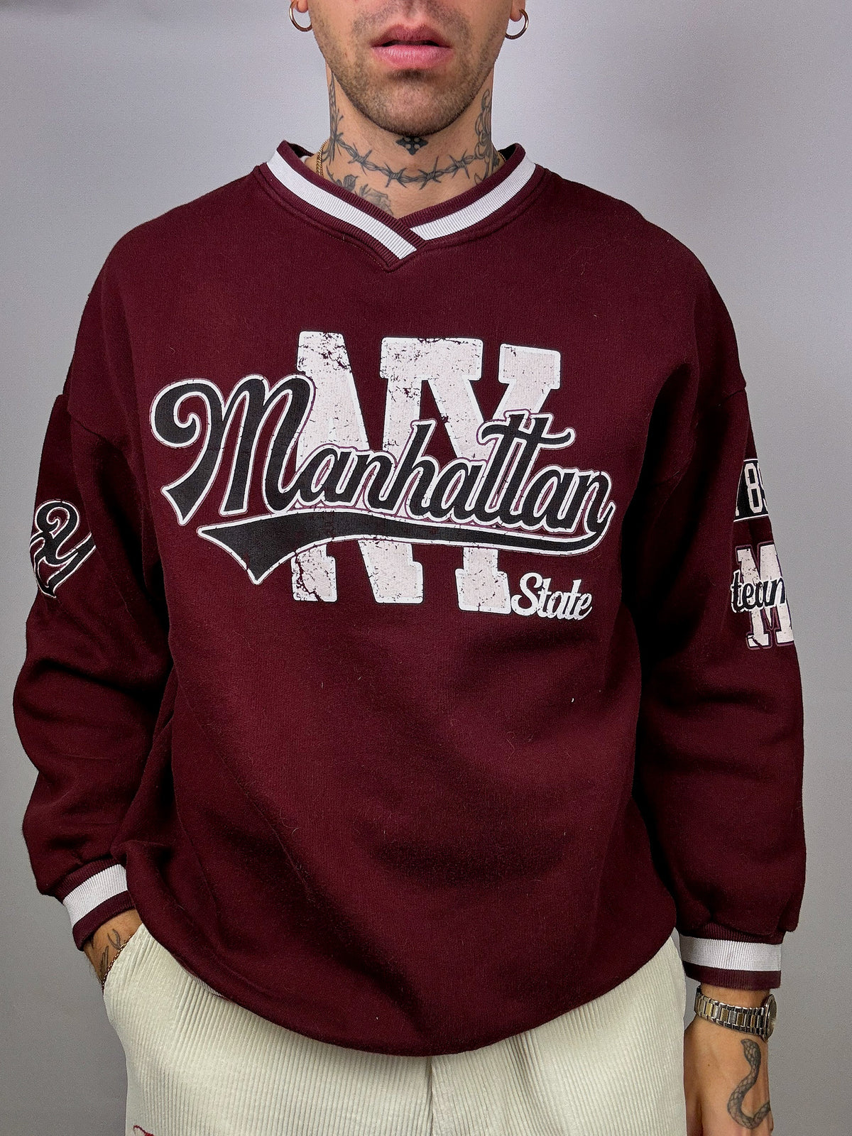 Manhattan L/XL Vintage Burgunder Sweatshirt mit V-Ausschnitt