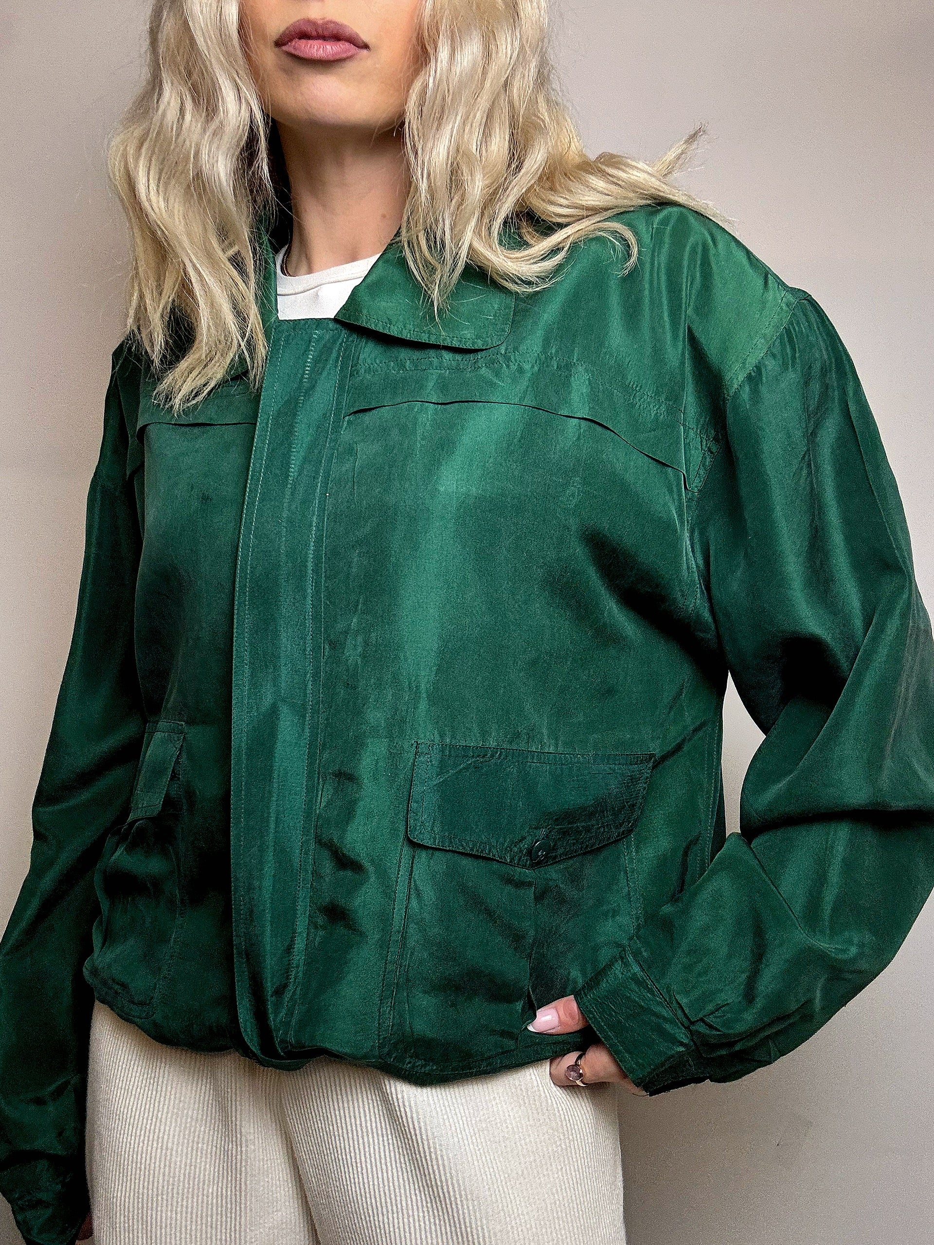 Blouson en soie vert bouteille L/ vintage