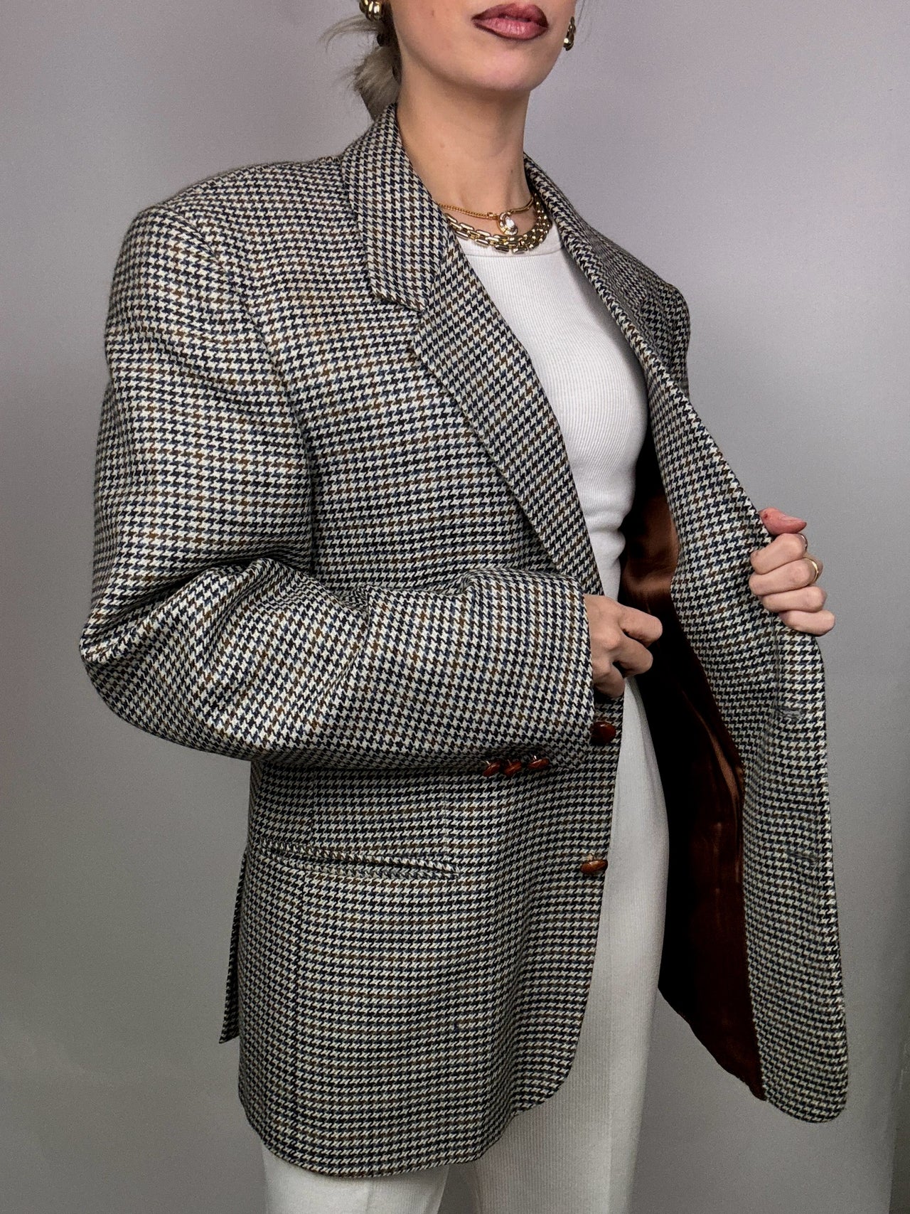 Vintage XL Hahnentritt-Blazer aus Wolle