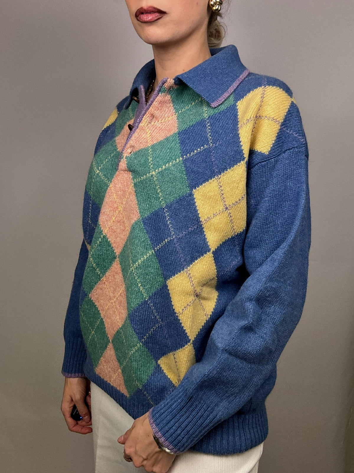 Vintage M pastel argyle print wool sweater