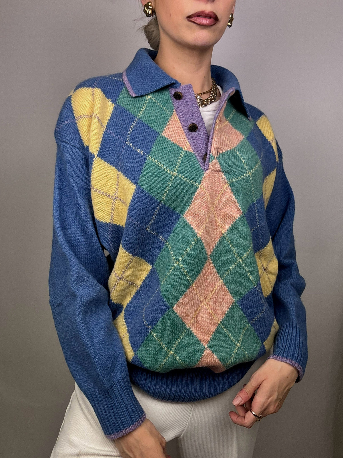 Vintage M pastel argyle print wool sweater