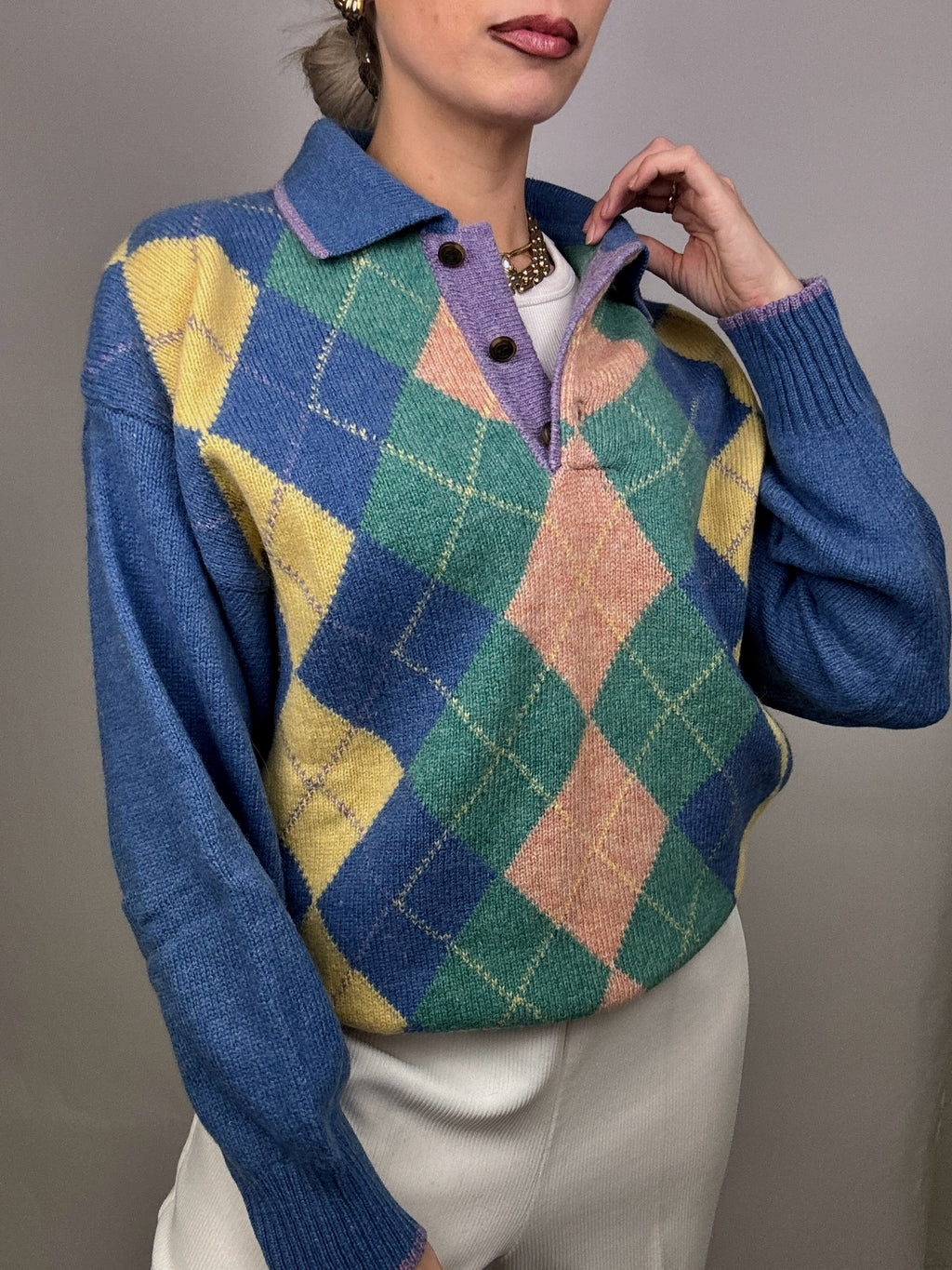 Vintage M pastel argyle print wool sweater