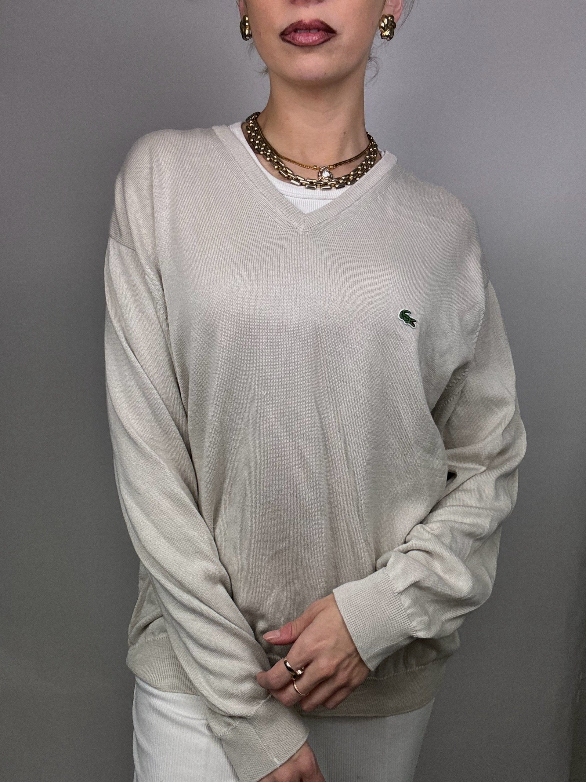 Thin light gray V-neck sweater LACOSTE XL vintage