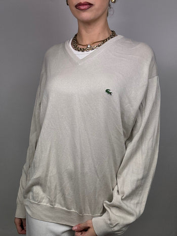 Pull fin col V gris clair LACOSTE XL vintage