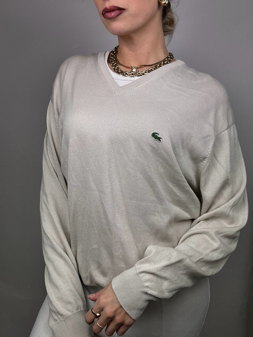 Thin light gray V-neck sweater LACOSTE XL vintage