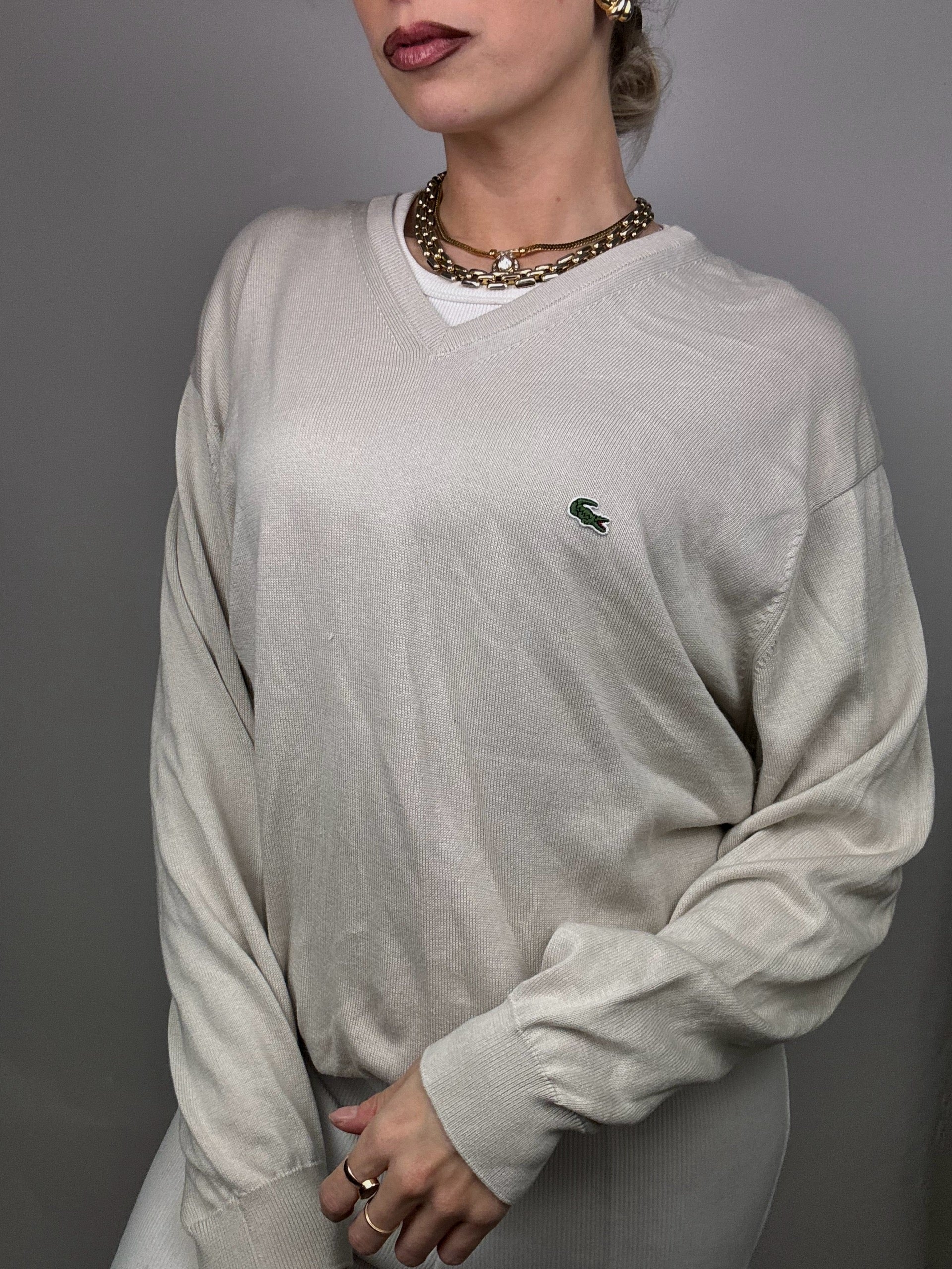 Thin light gray V-neck sweater LACOSTE XL vintage