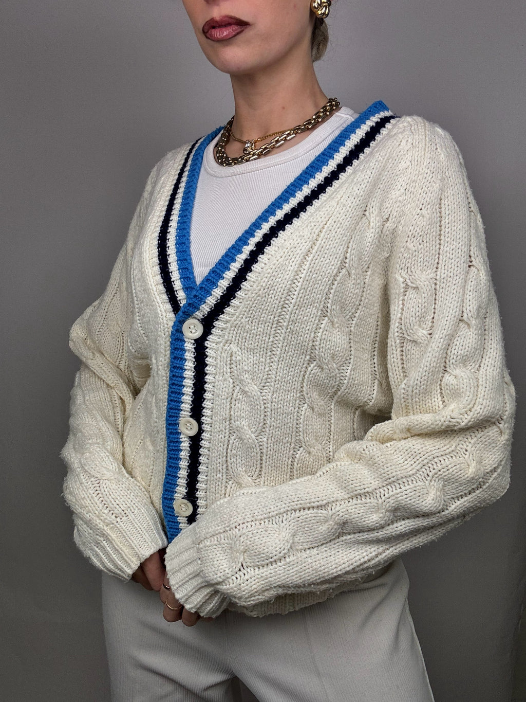 Vintage Cream Knit Cricket Cardigan L