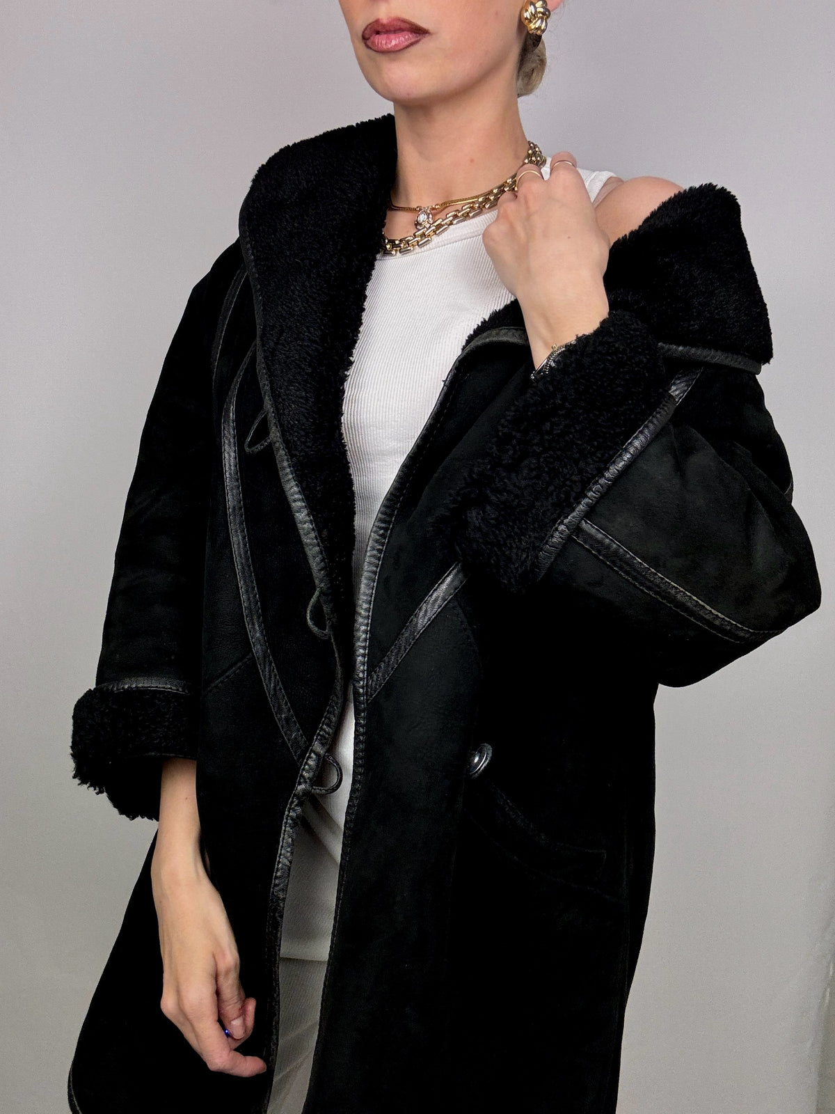 Vintage Schwarzer Shearling Mantel L/XL