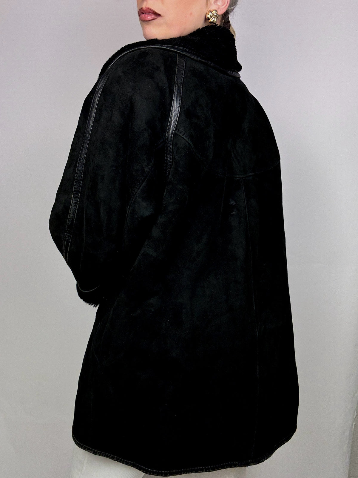 Vintage Schwarzer Shearling Mantel L/XL