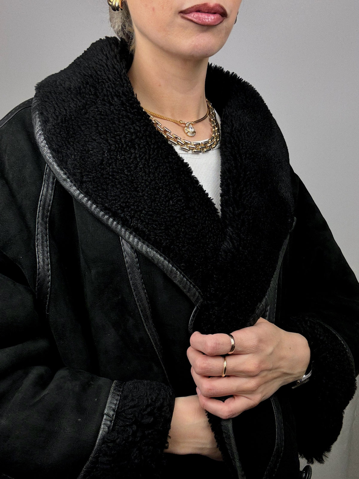 Vintage Schwarzer Shearling Mantel L/XL