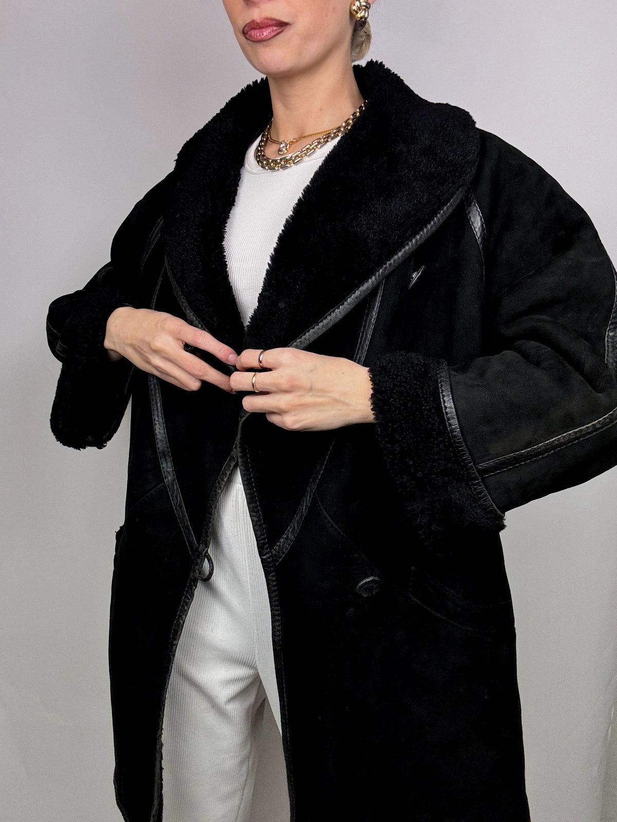 Vintage Schwarzer Shearling Mantel L/XL