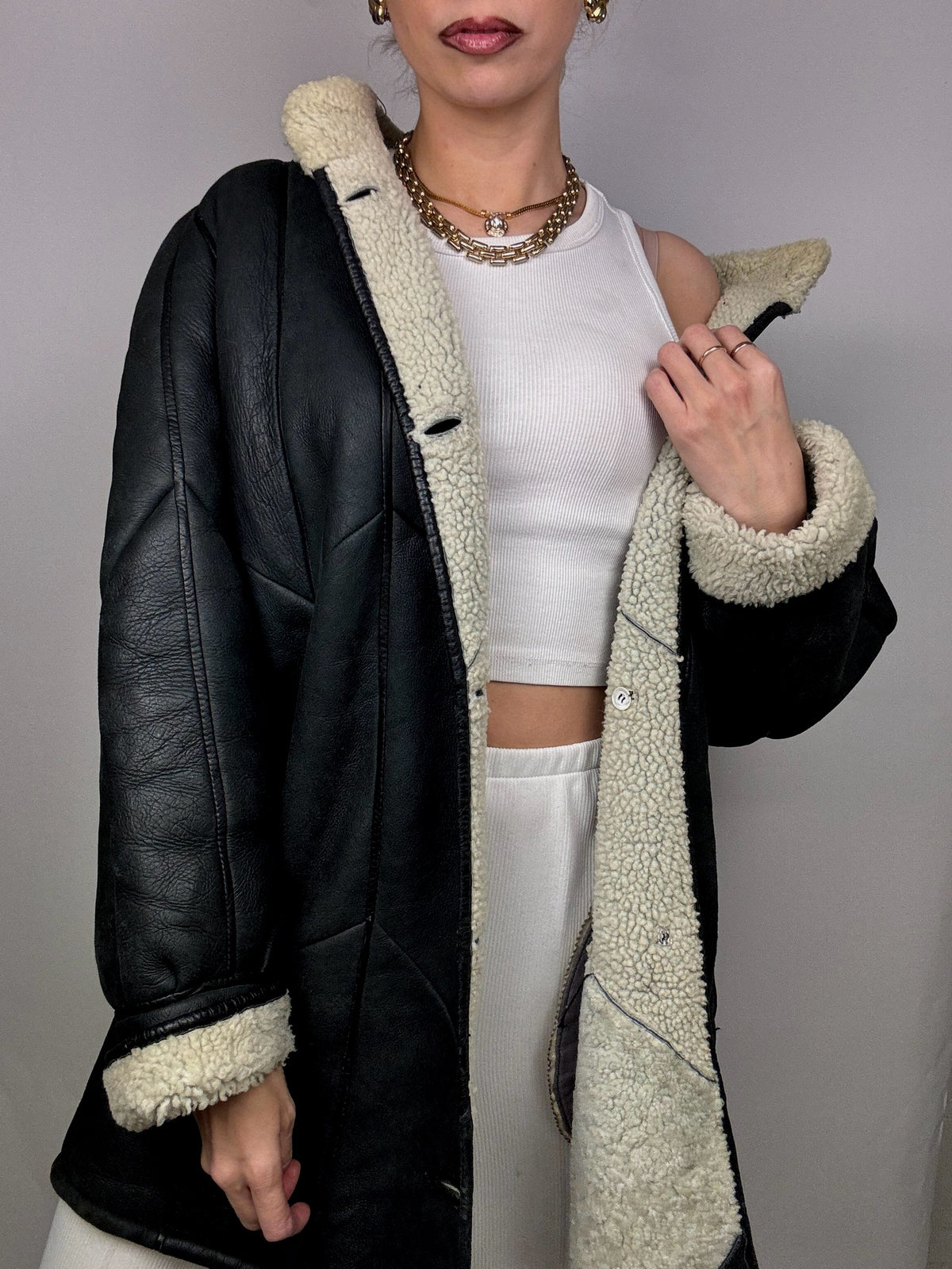 Vintage Dunkelgrauer Shearling Mantel M/L