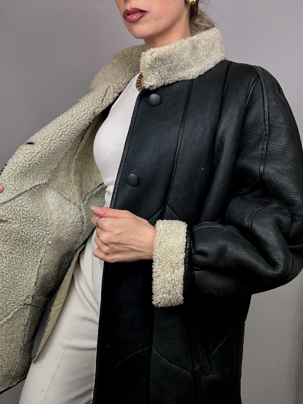 Vintage Dunkelgrauer Shearling Mantel M/L