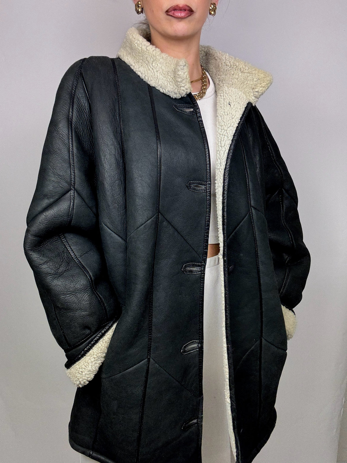 Vintage Dunkelgrauer Shearling Mantel M/L