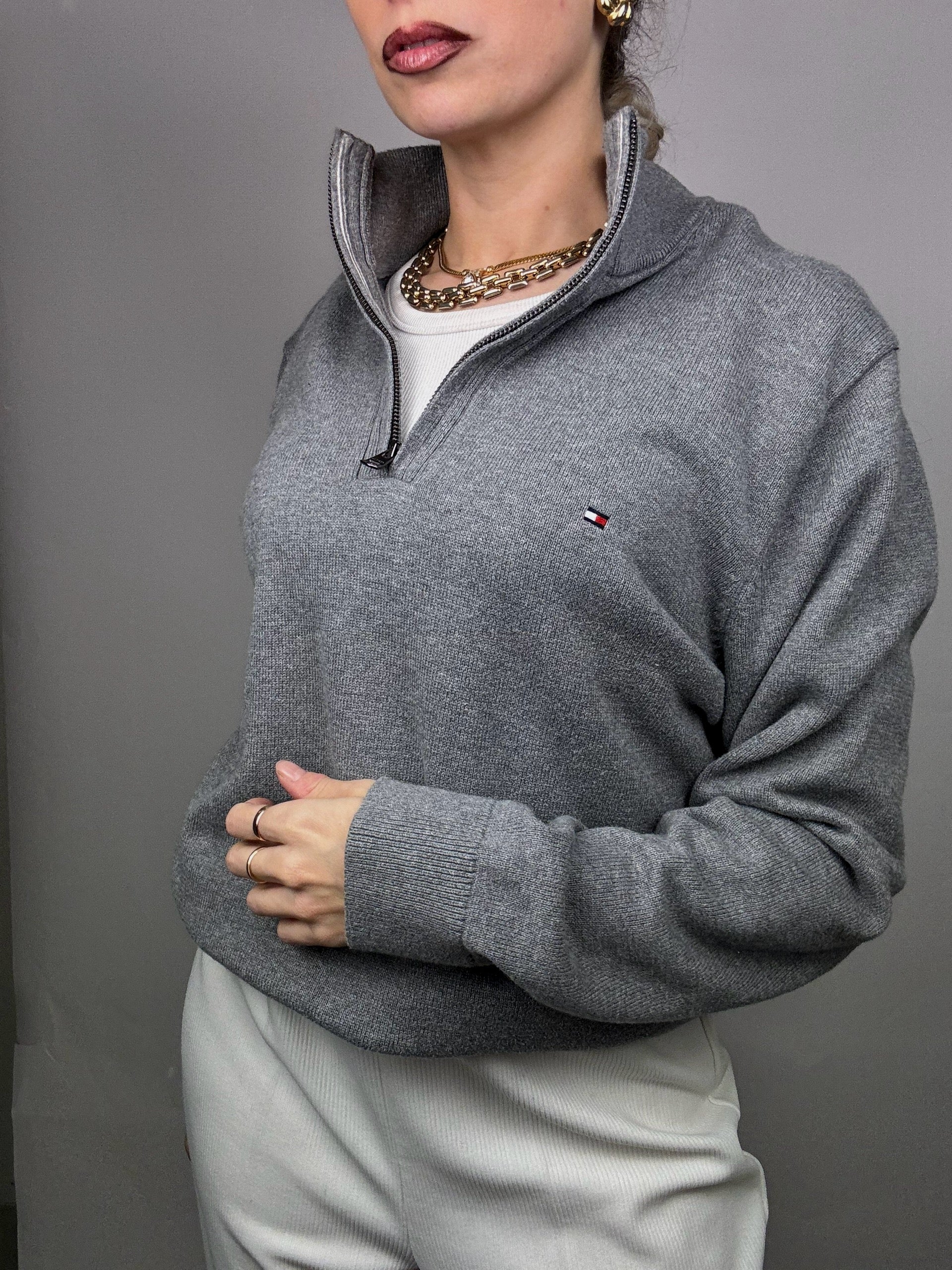Vintage TOMMY HILFIGER XL gray zip-neck sweater