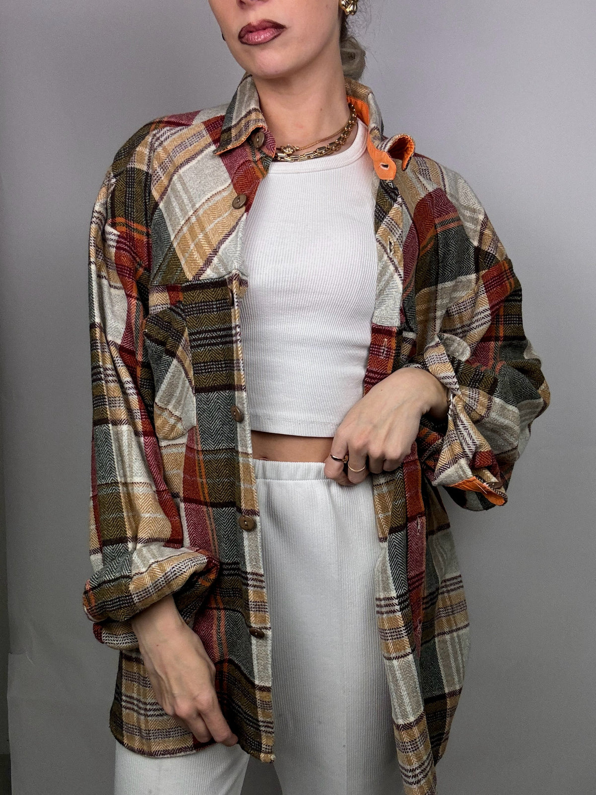 Vintage L/XL brown tones thick plaid shirt