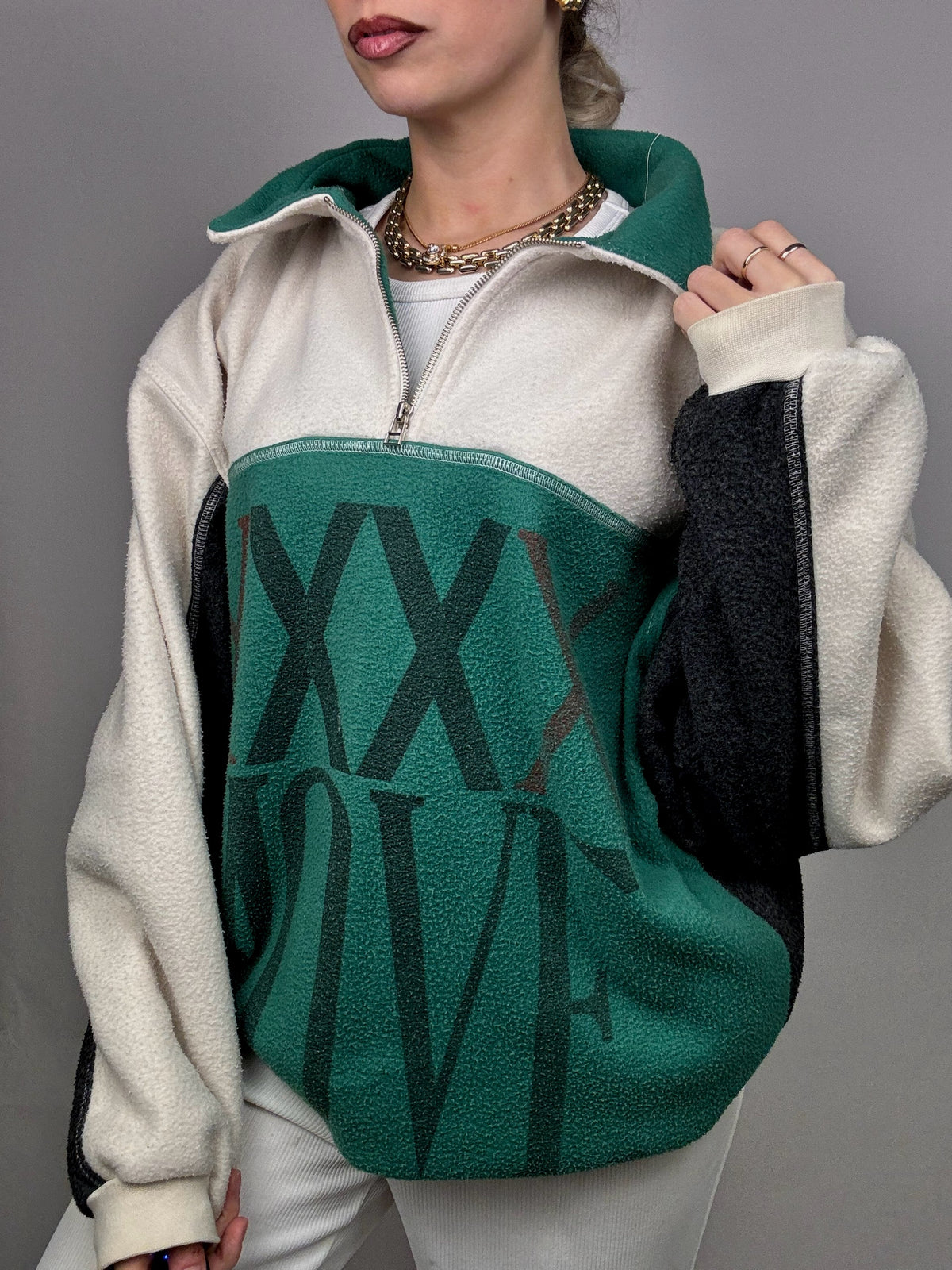 Polaire bicolore oversize col zippé M Vintage