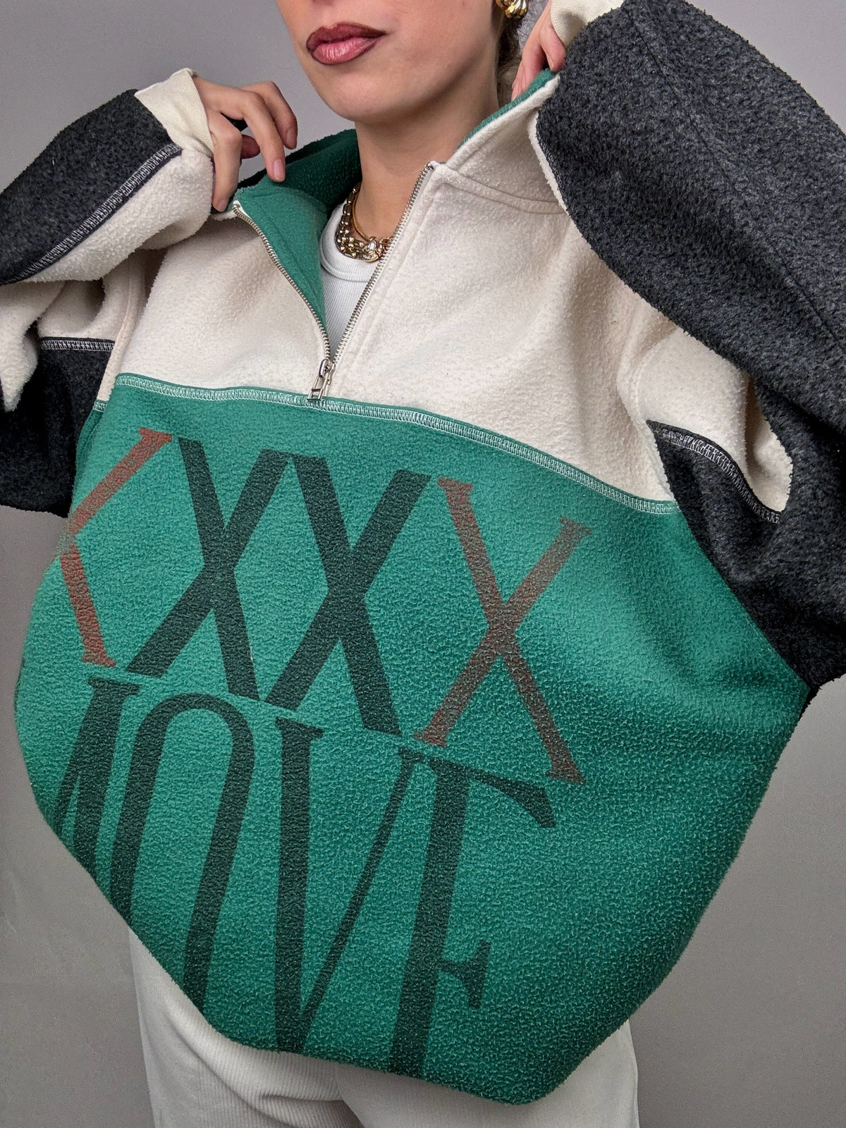 Polaire bicolore oversize col zippé M Vintage