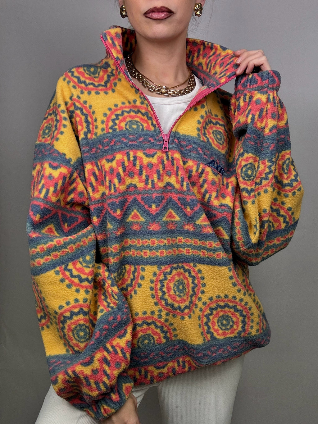 XL vintage multicolor graphic zip-neck fleece