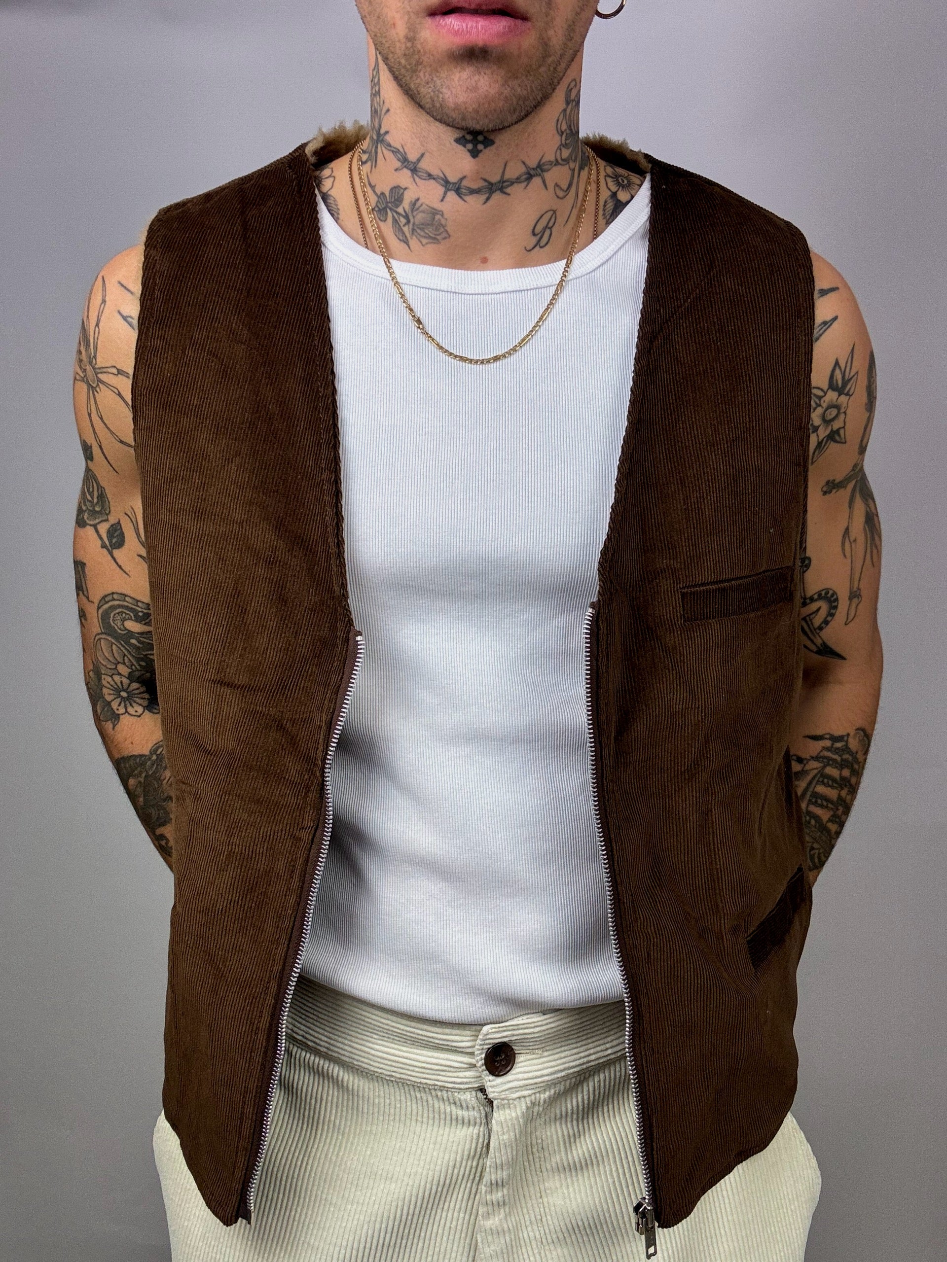 Gilet veston en velour marron fourré L vintage