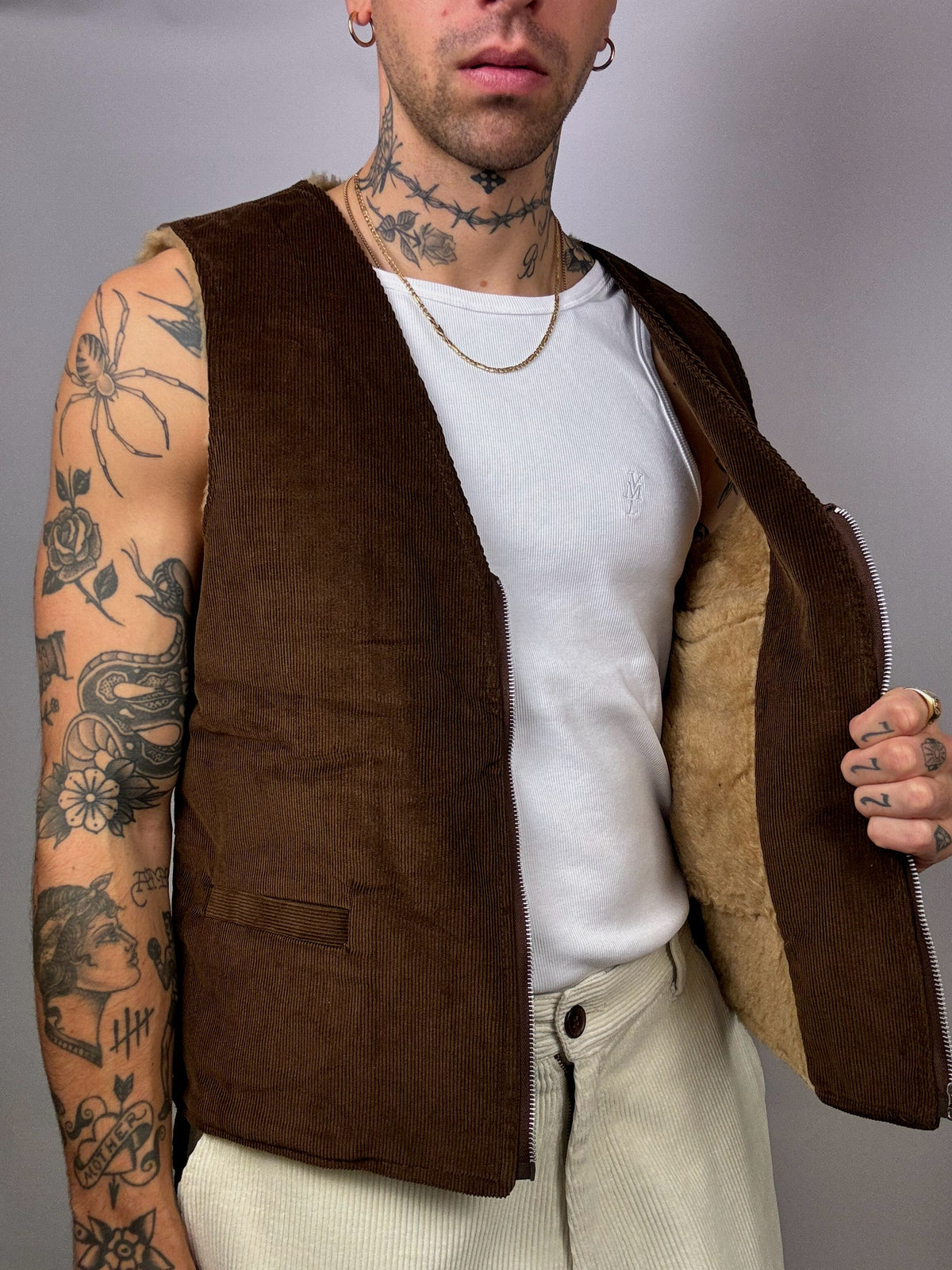 Gilet veston en velour marron fourré L vintage