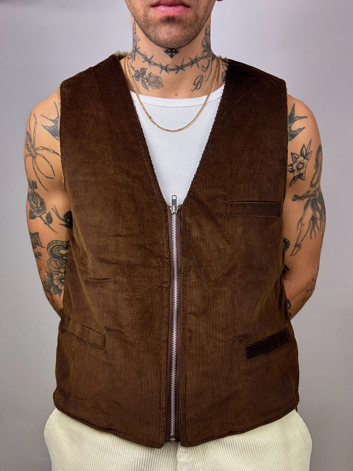 Gilet veston en velour marron fourré L vintage
