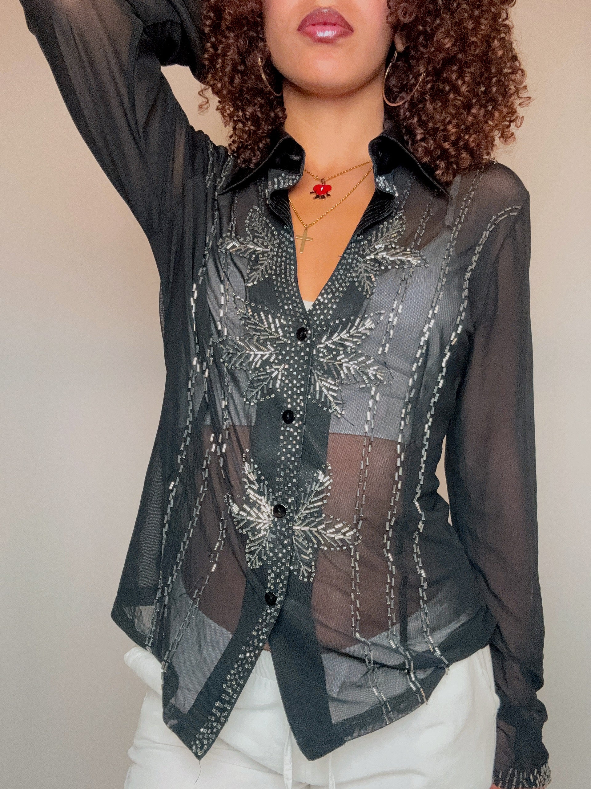 Vintage Mesh-Hemd mit Perlen L