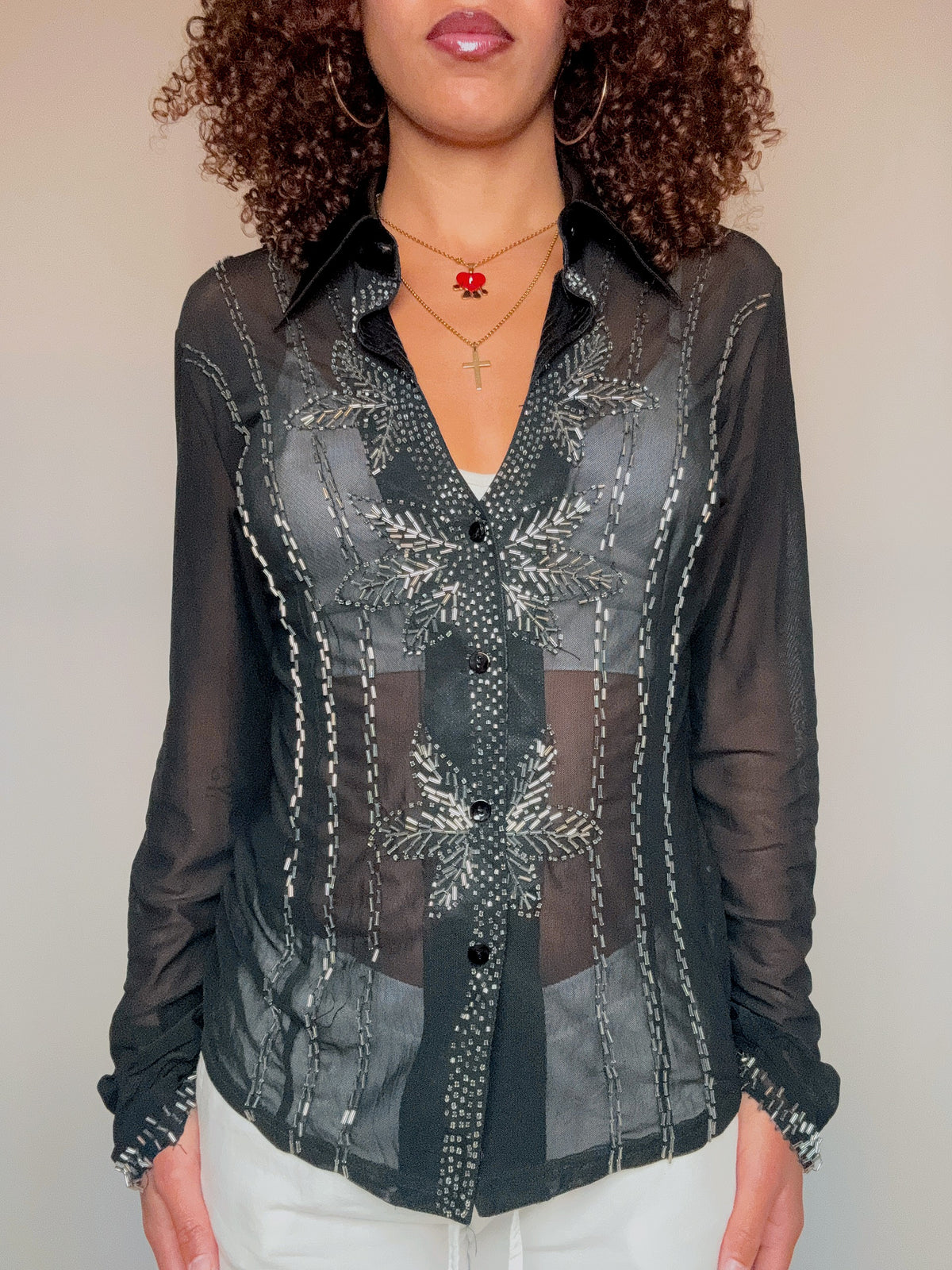 Vintage Mesh-Hemd mit Perlen L