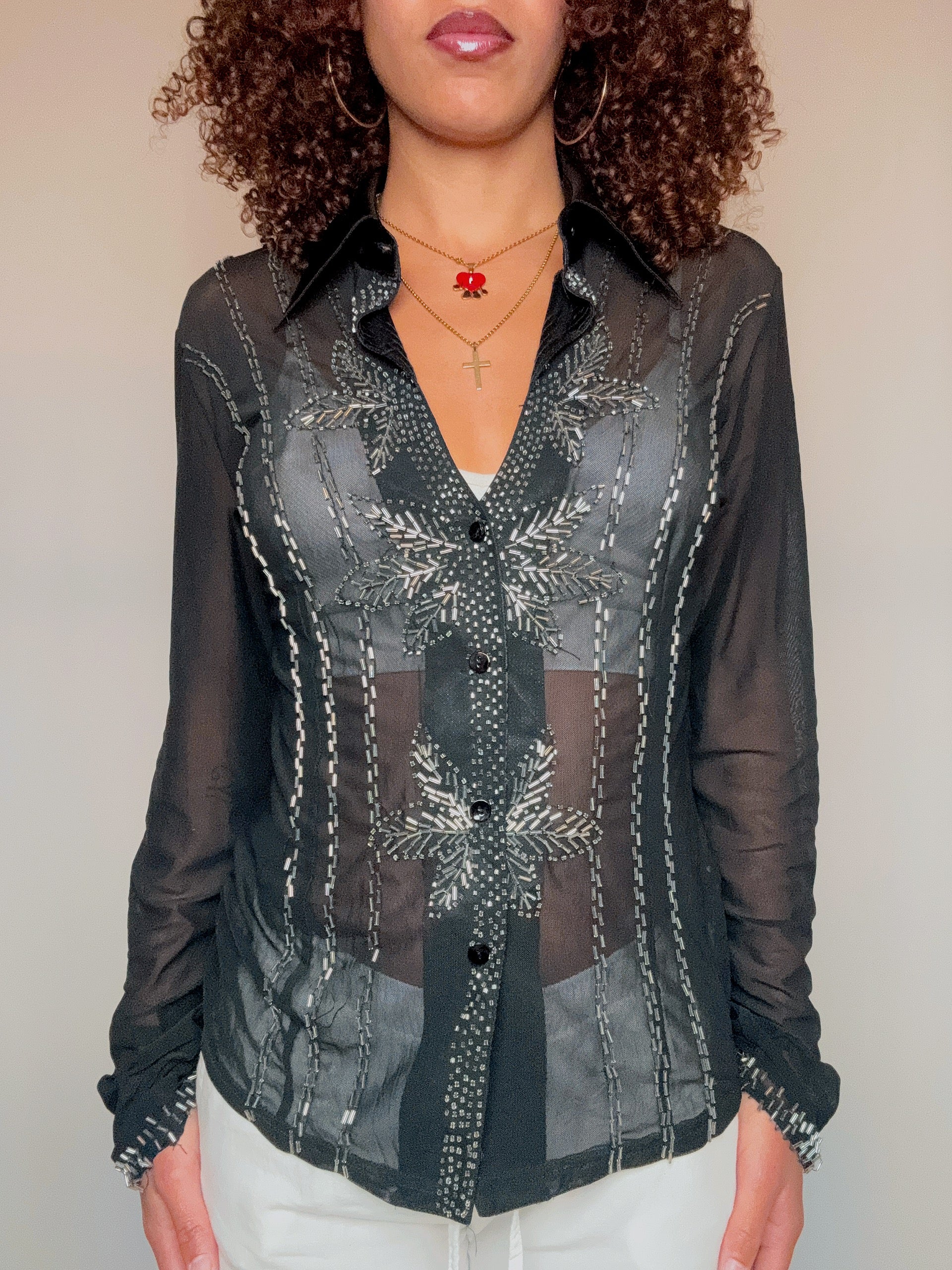 Vintage Mesh-Hemd mit Perlen L
