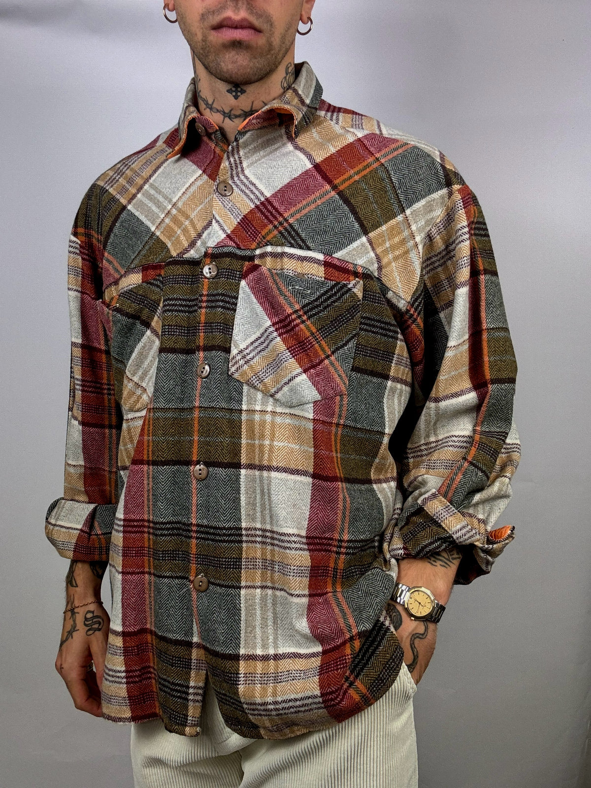 Vintage L/XL brown tones thick plaid shirt