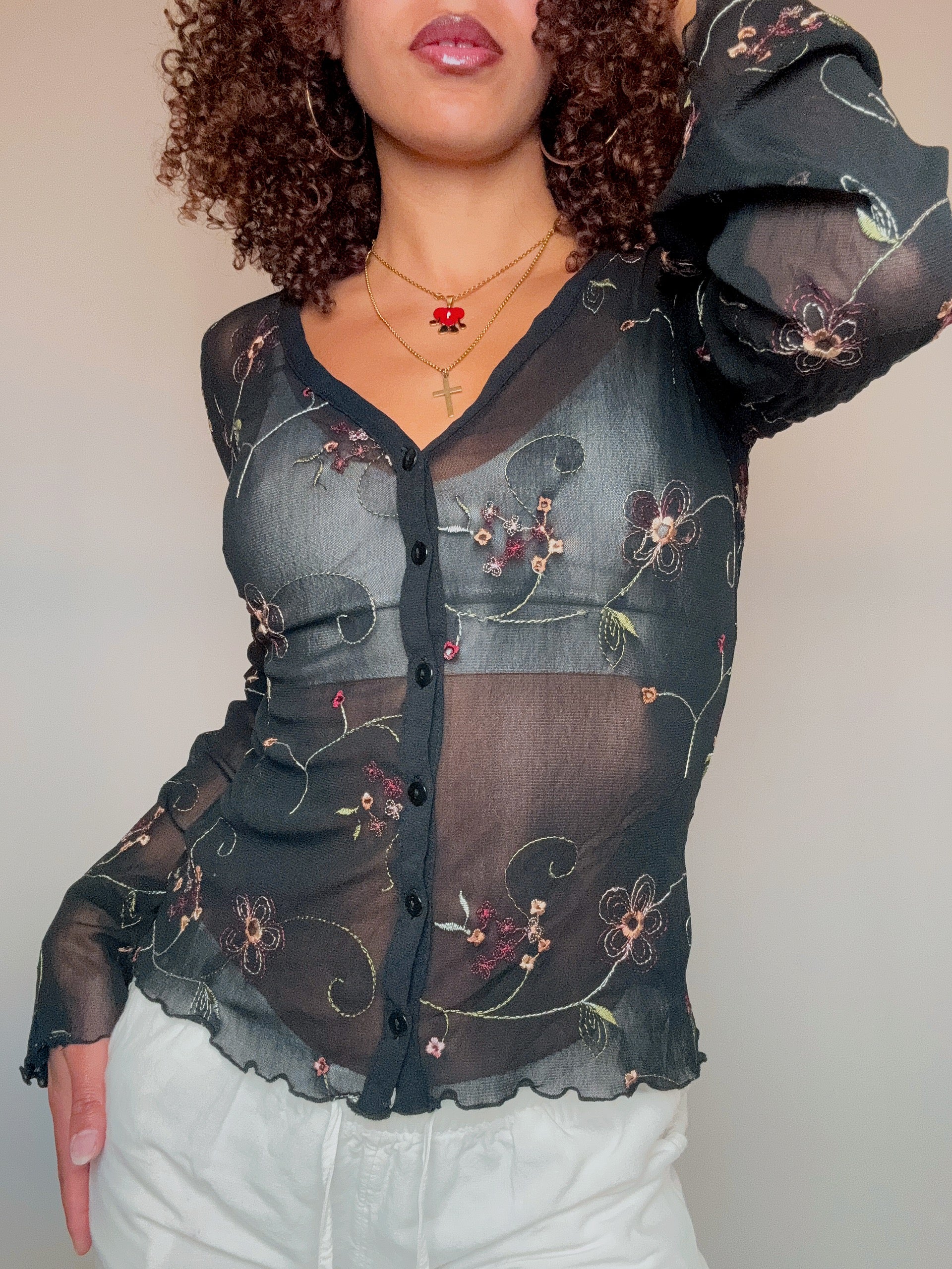 Besticktes Mesh-Hemd S/M Vintage