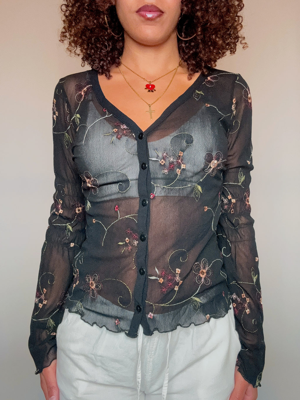 Besticktes Mesh-Hemd S/M Vintage