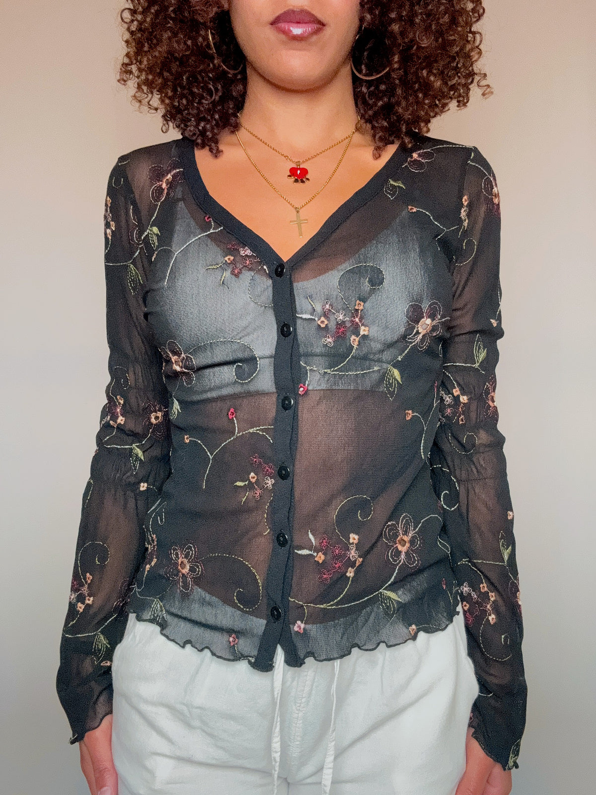 Besticktes Mesh-Hemd S/M Vintage