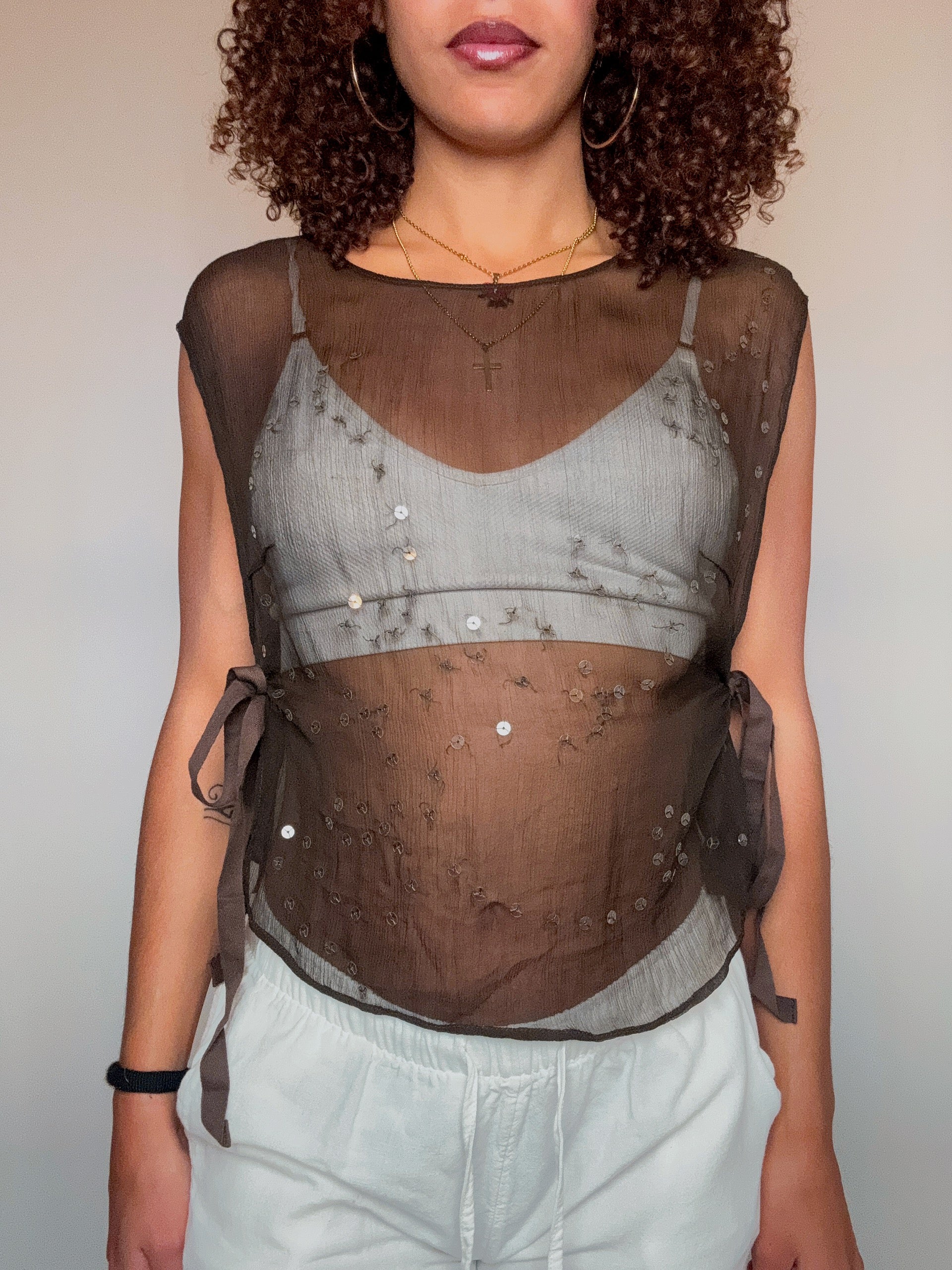 plastron en soie brun S vintage