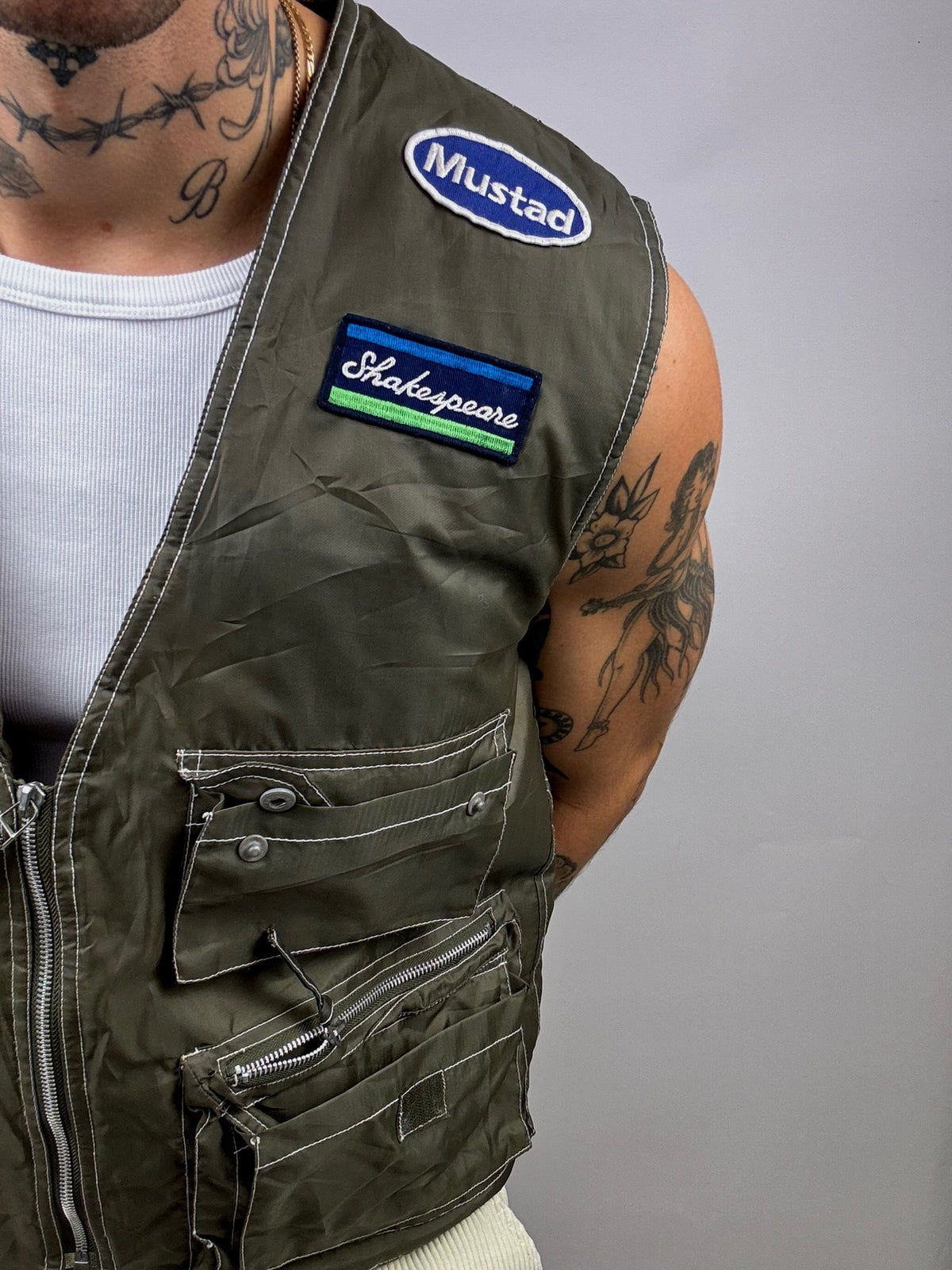 Vintage Khaki Wasserdichte Angelweste L