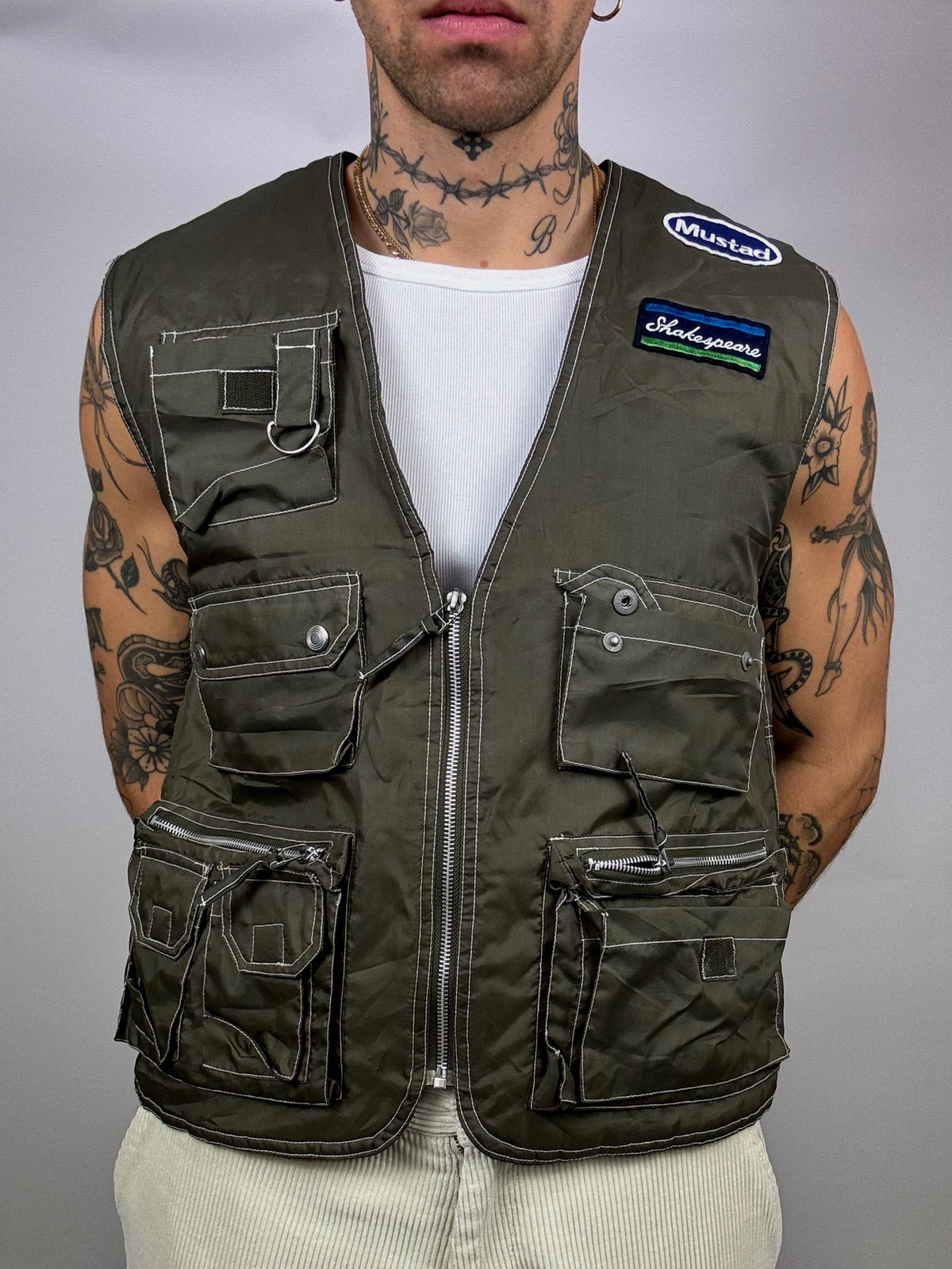 Vintage Khaki Wasserdichte Angelweste L