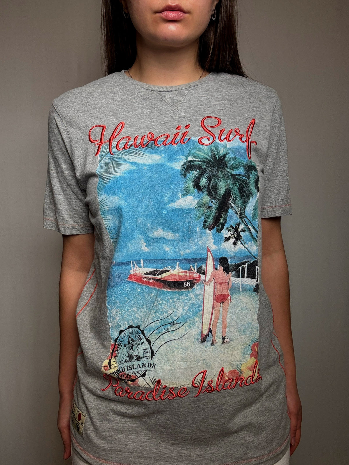 Tshirt gris brodé Hawai Surf M vintage