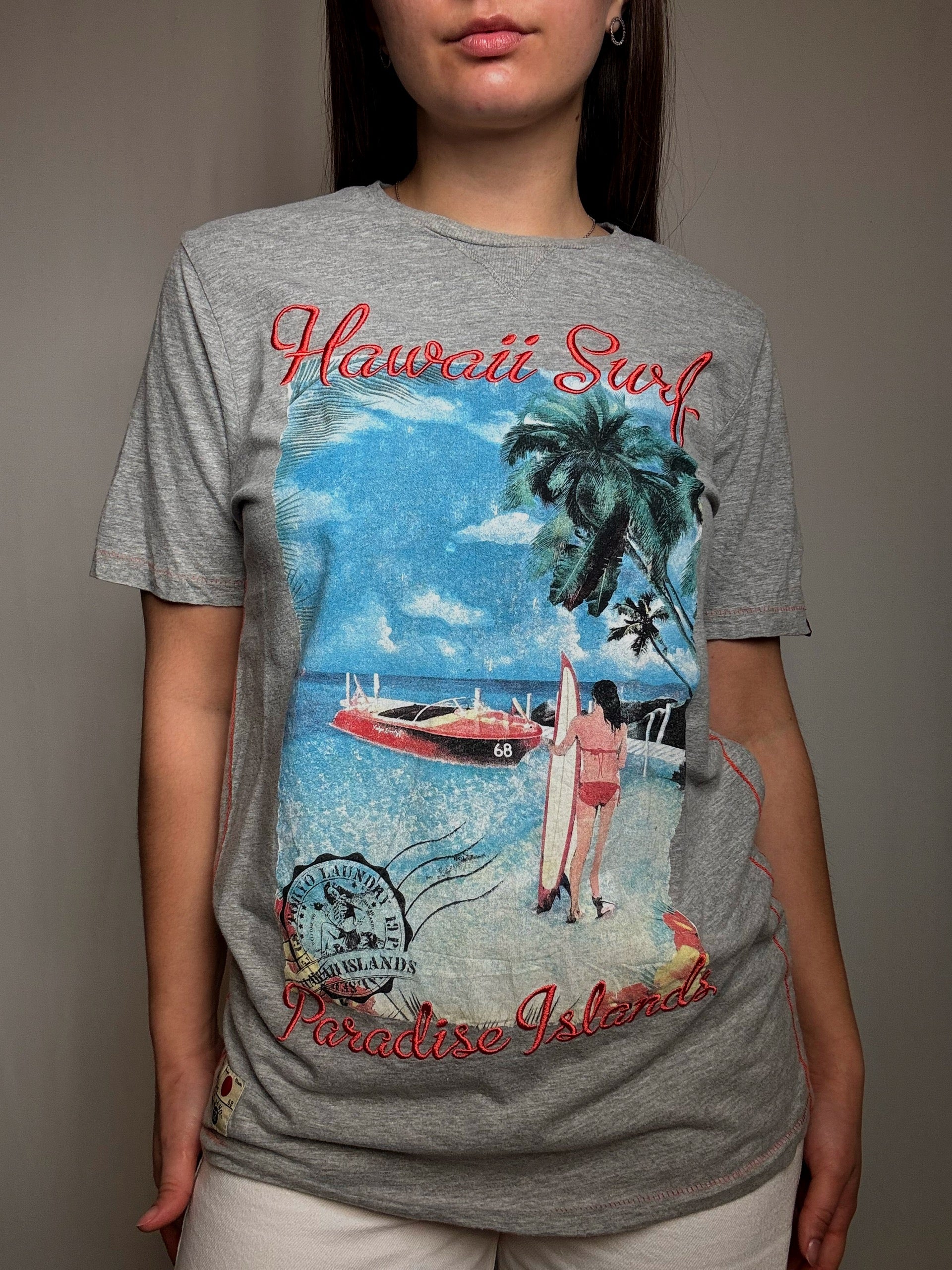Tshirt gris brodé Hawai Surf M vintage
