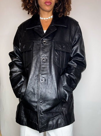Veste droite en cuir noire M/L vintage